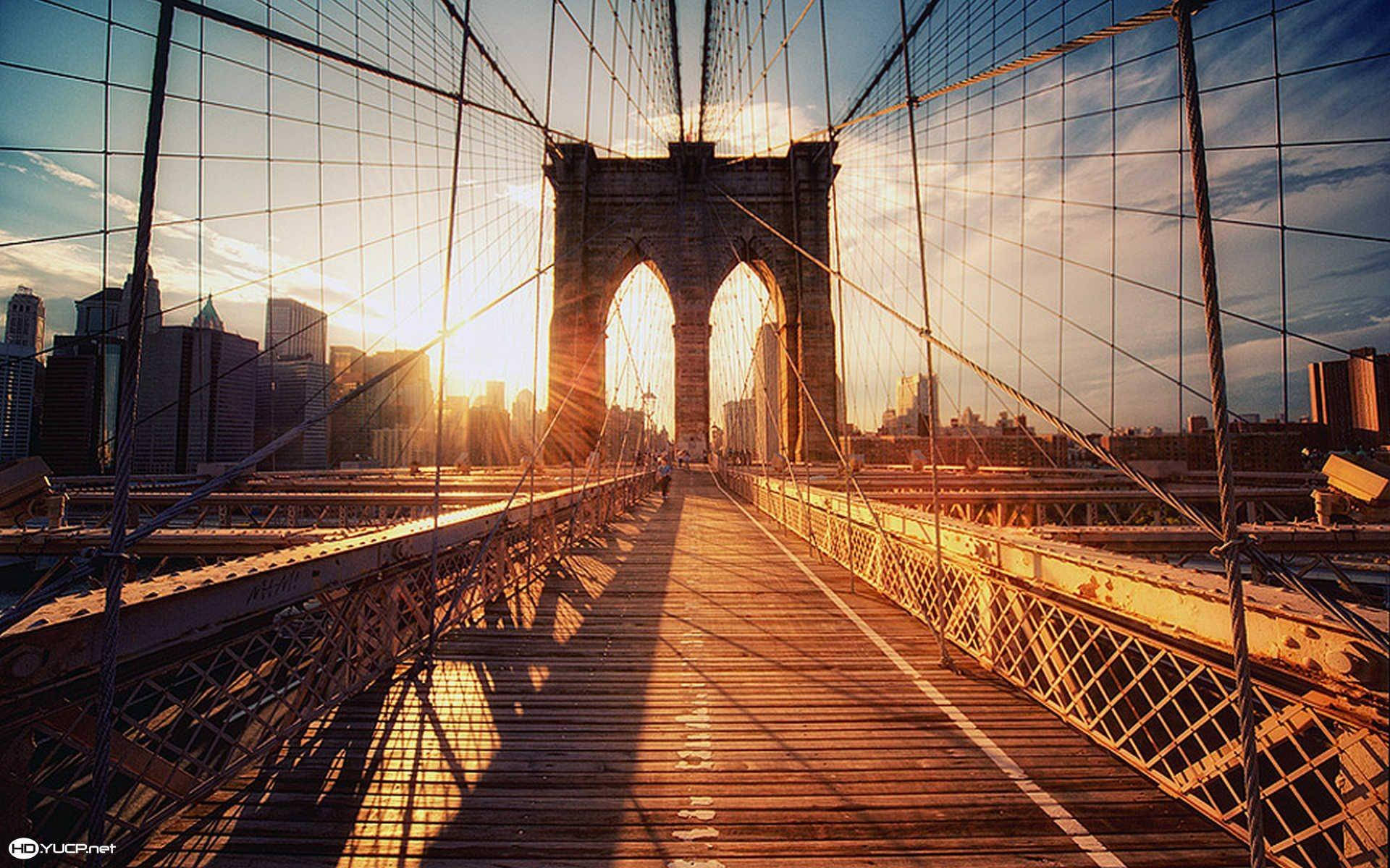 Brooklyn Bridge, golden sunset, arches, Full HD Desktop Wallpaper