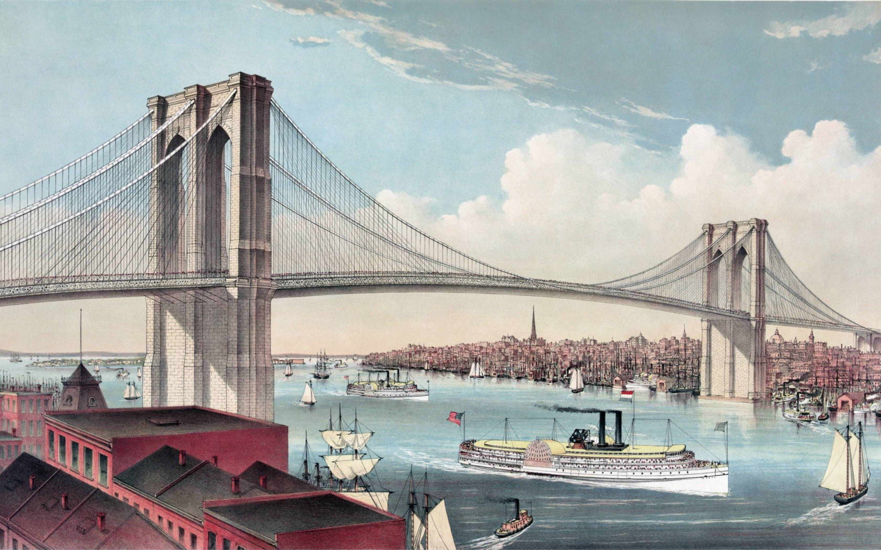 Brooklyn Bridge, steamships, sailboats, 2K Desktop Wallpaper