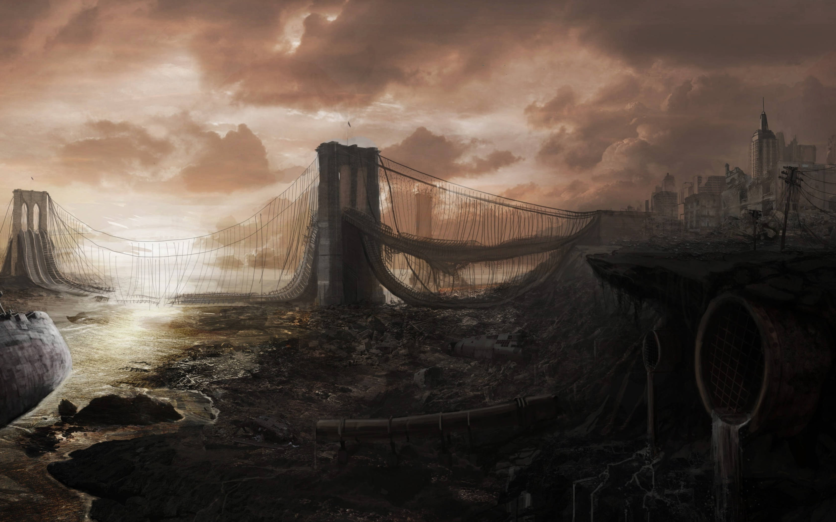 Brooklyn Bridge, sunset, stormy orange sky, 2K Desktop Wallpaper