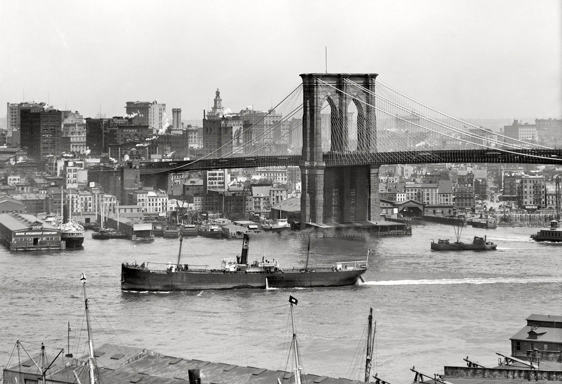 Brooklyn Bridge, black and white, historic, Full HD Desktop Wallpaper