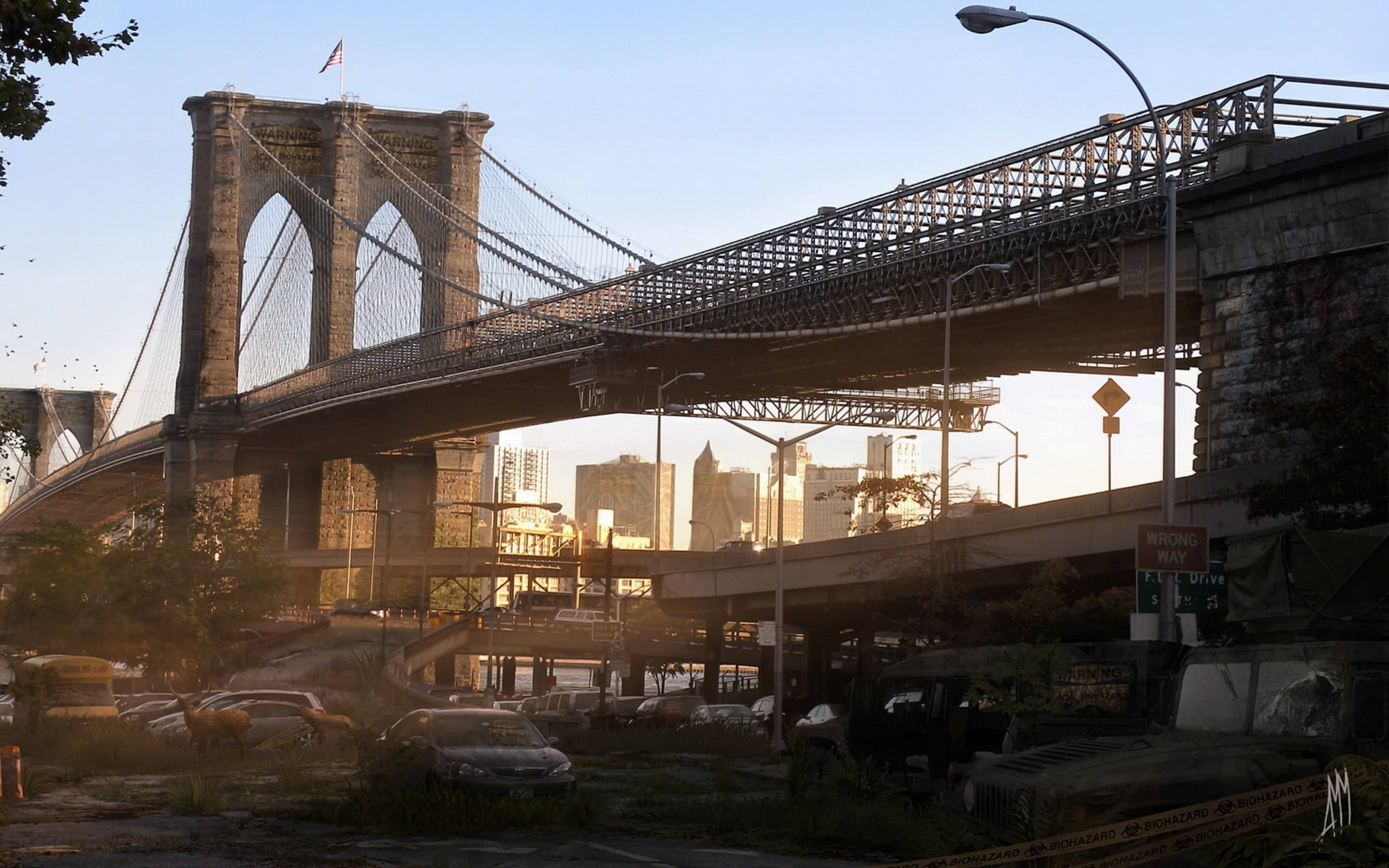 Brooklyn Bridge, sunlit urban scene, cars, 2K Desktop Wallpaper
