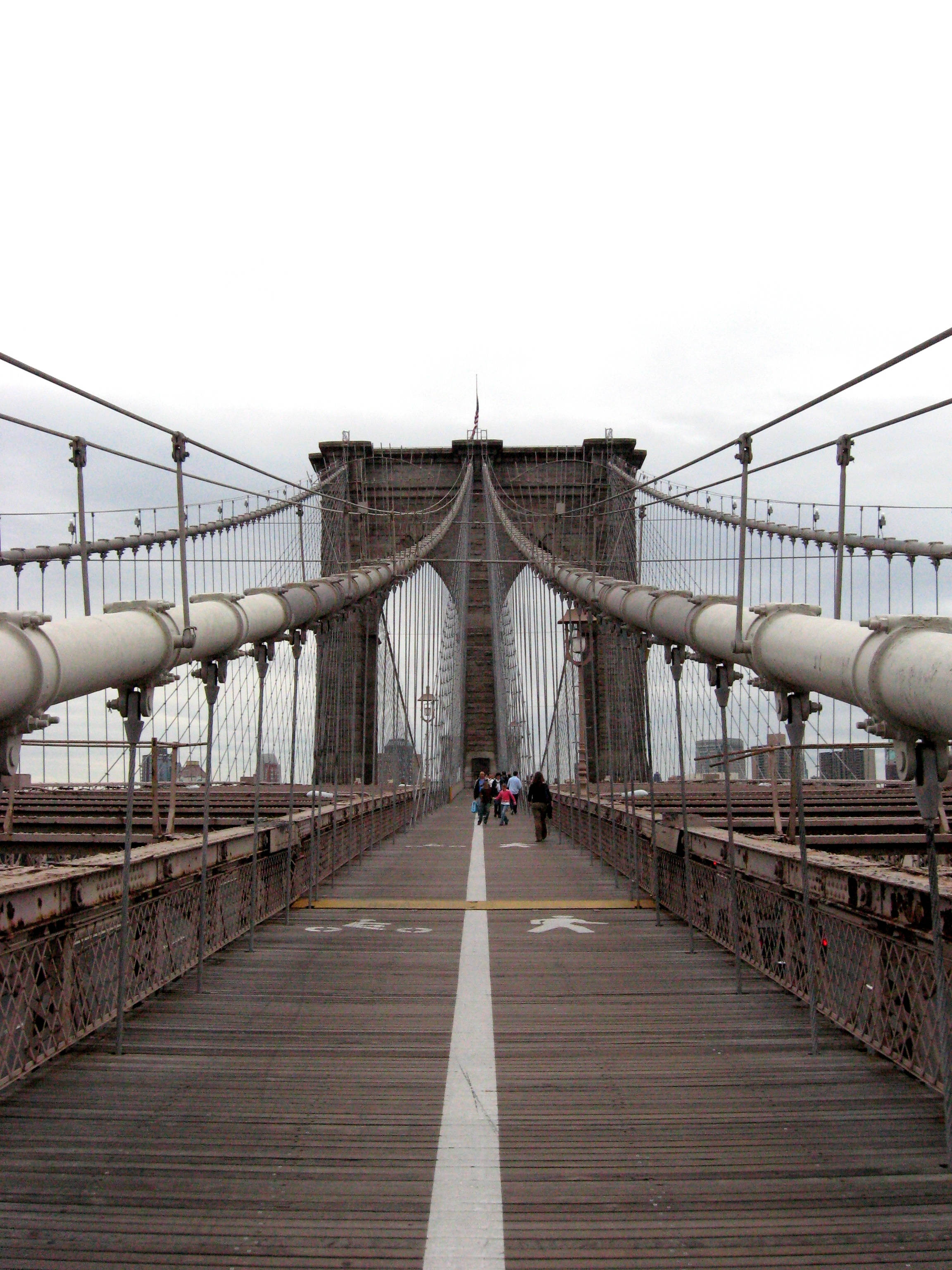 Brooklyn Bridge, wooden walkway, overcast sky, 2K Phone Wallpaper