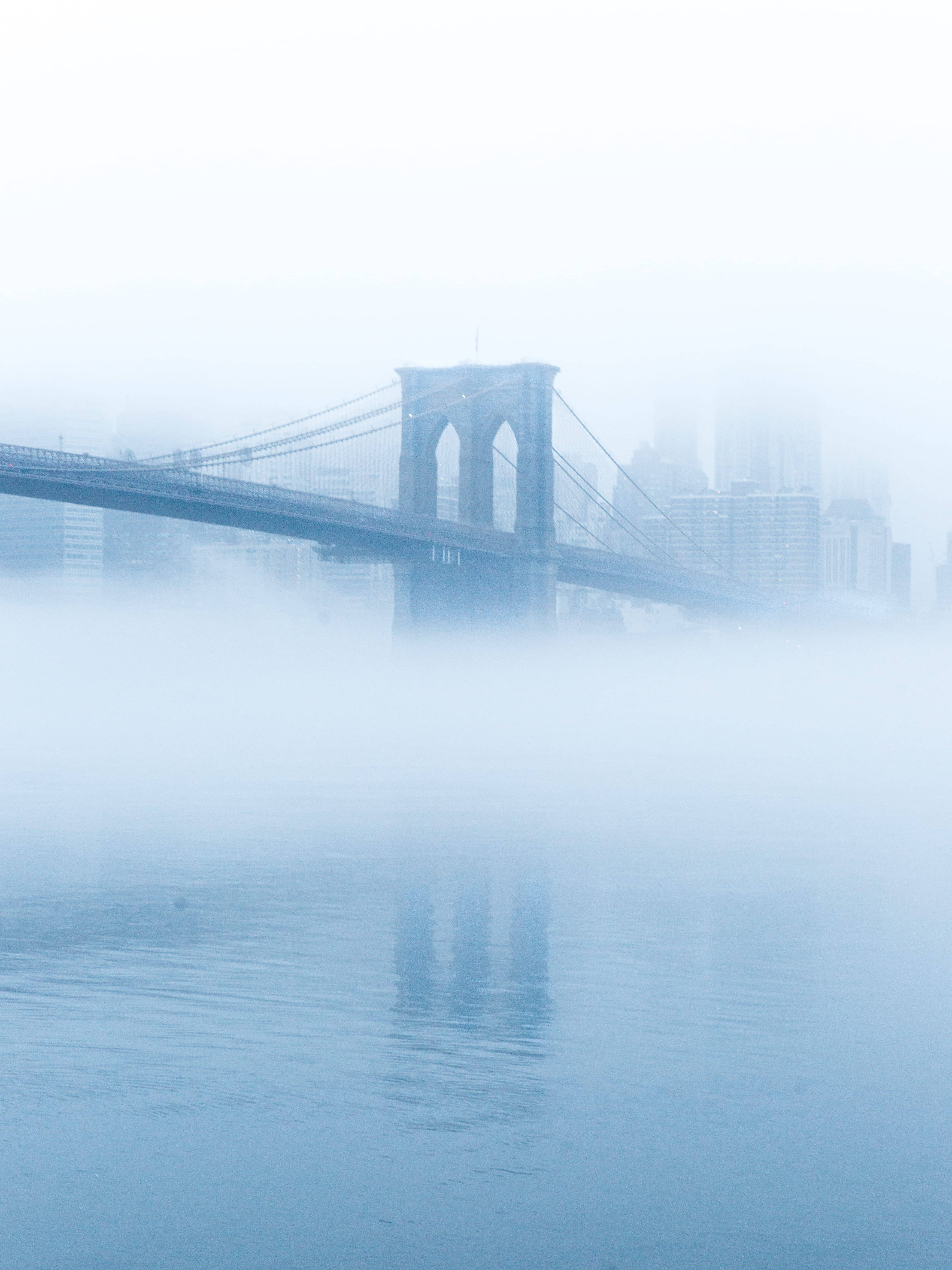 Brooklyn Bridge, fog, calm water, 4K Phone Wallpaper