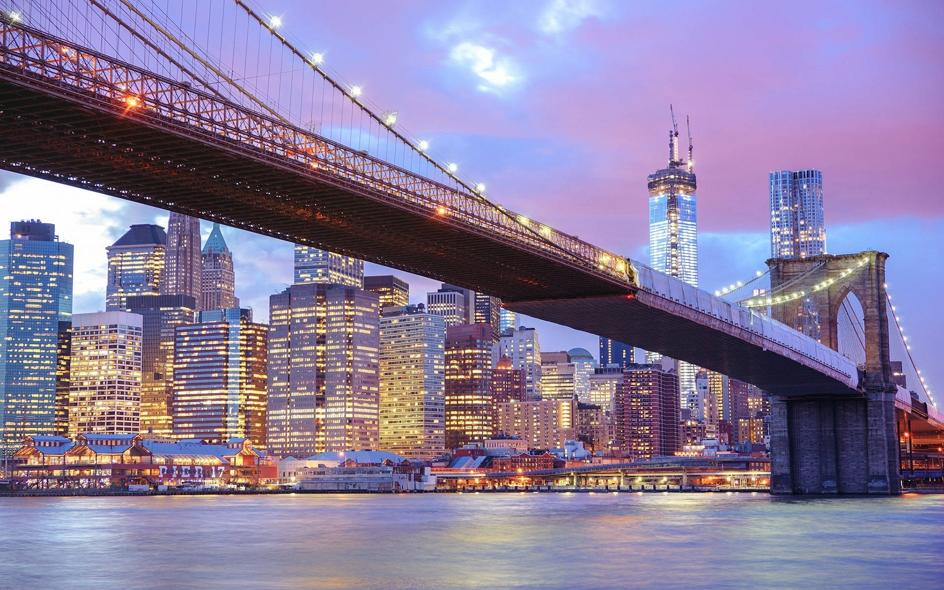 Brooklyn Bridge, twilight, pink and purple sky, Full HD Desktop Wallpaper