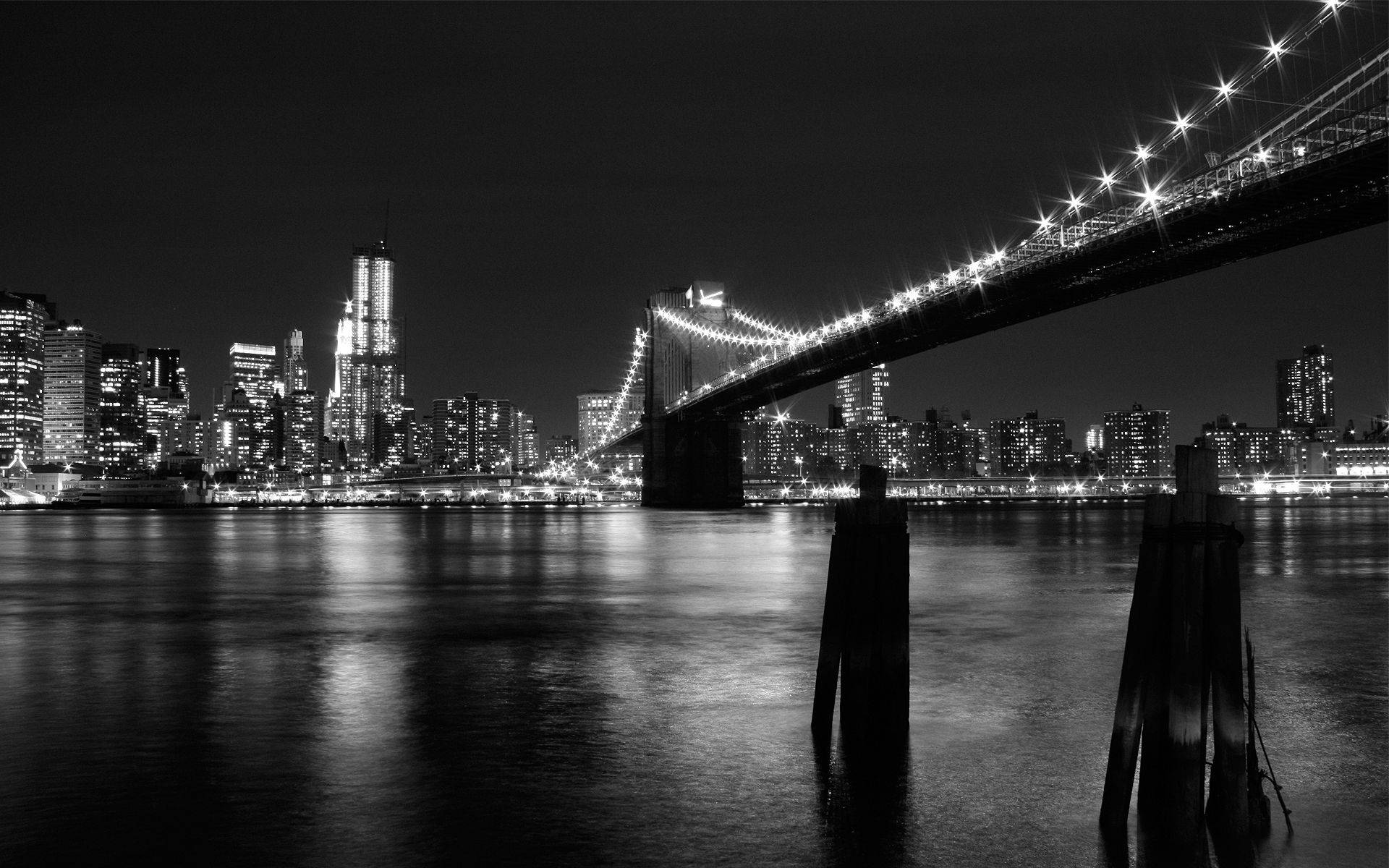Brooklyn Bridge, black and white, night view, Full HD Desktop Wallpaper