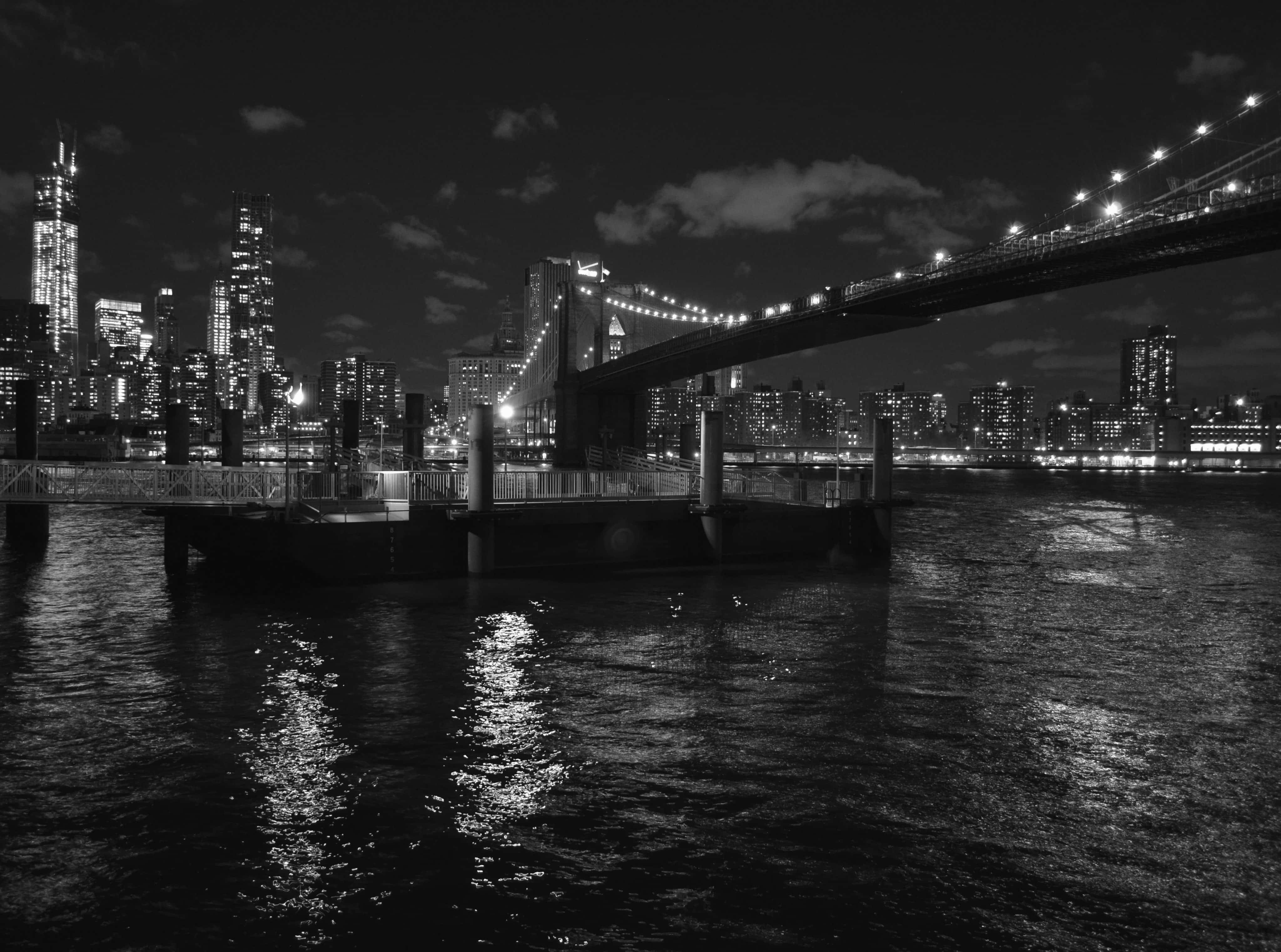 Brooklyn Bridge, night, city lights, 4K Desktop Wallpaper