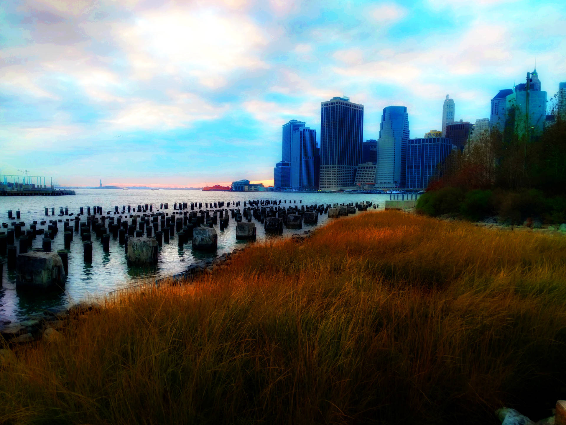 Brooklyn Bridge, golden grasses, dusk, Full HD Desktop Wallpaper