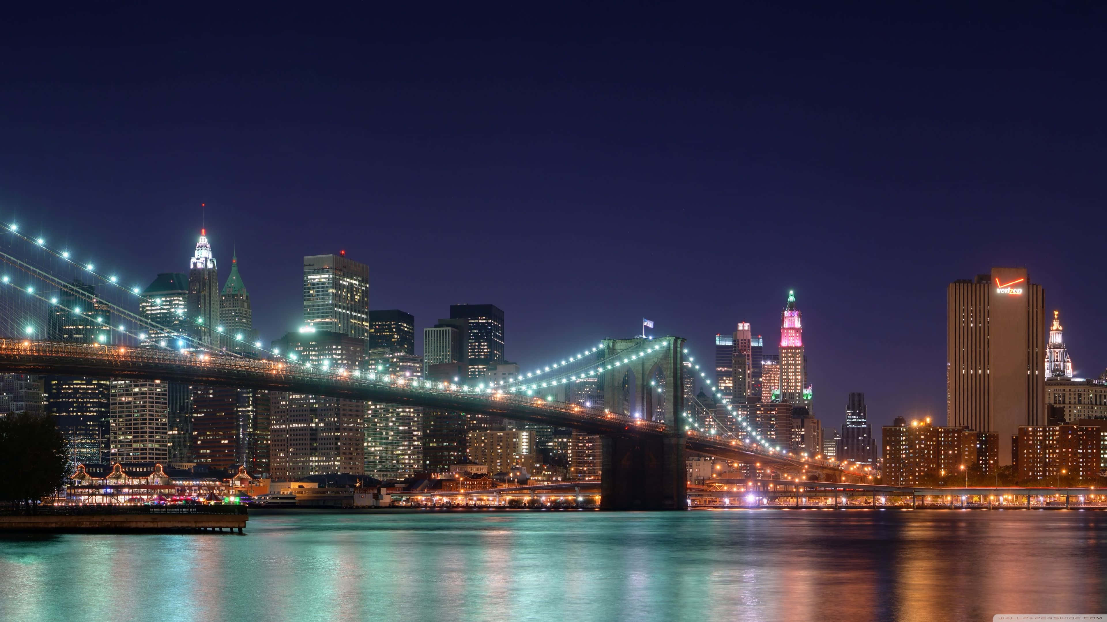 Brooklyn Bridge, night, city lights, 4K Desktop Wallpaper