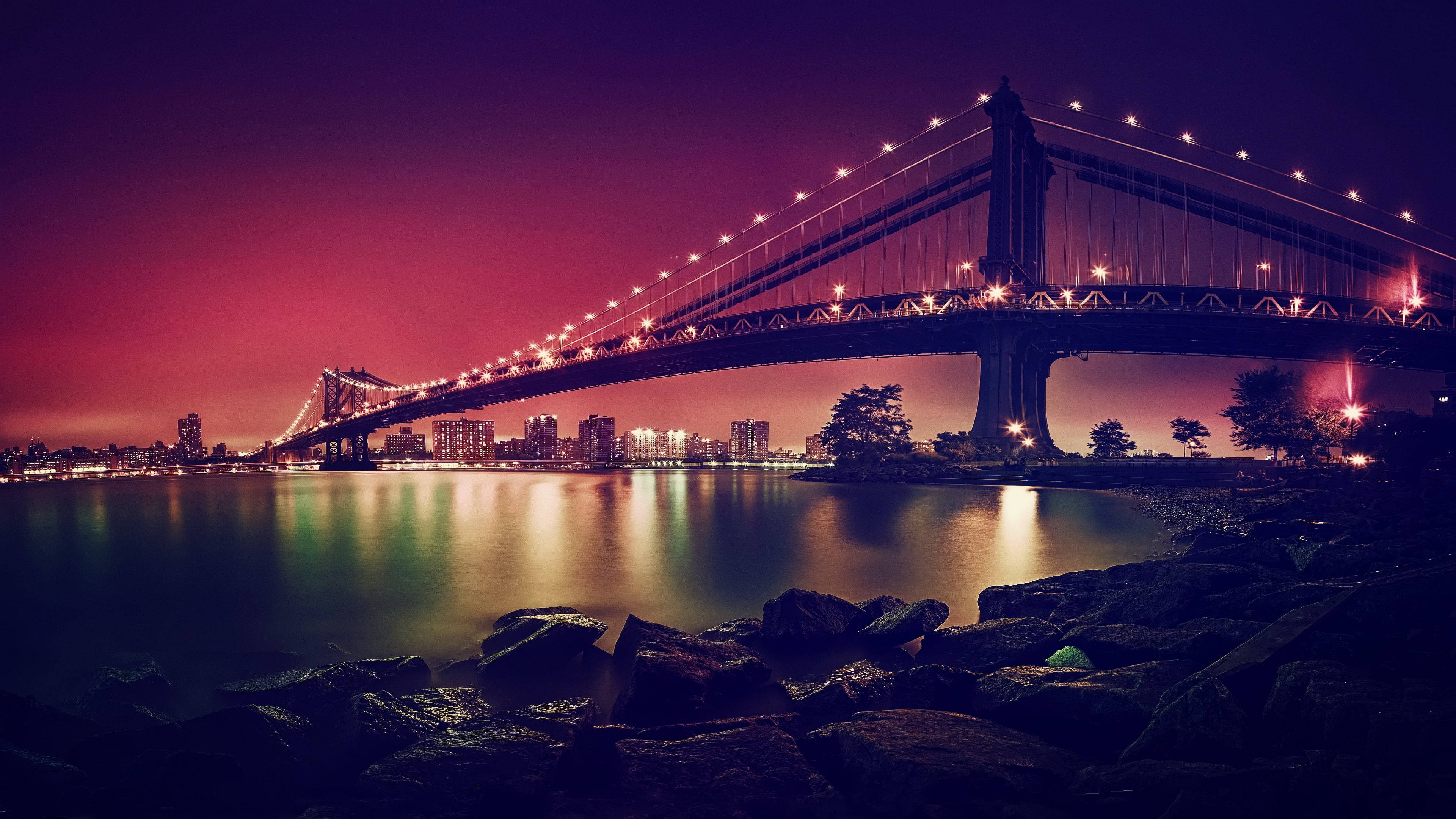Brooklyn Bridge, night sky, twilight, 4K Desktop Wallpaper