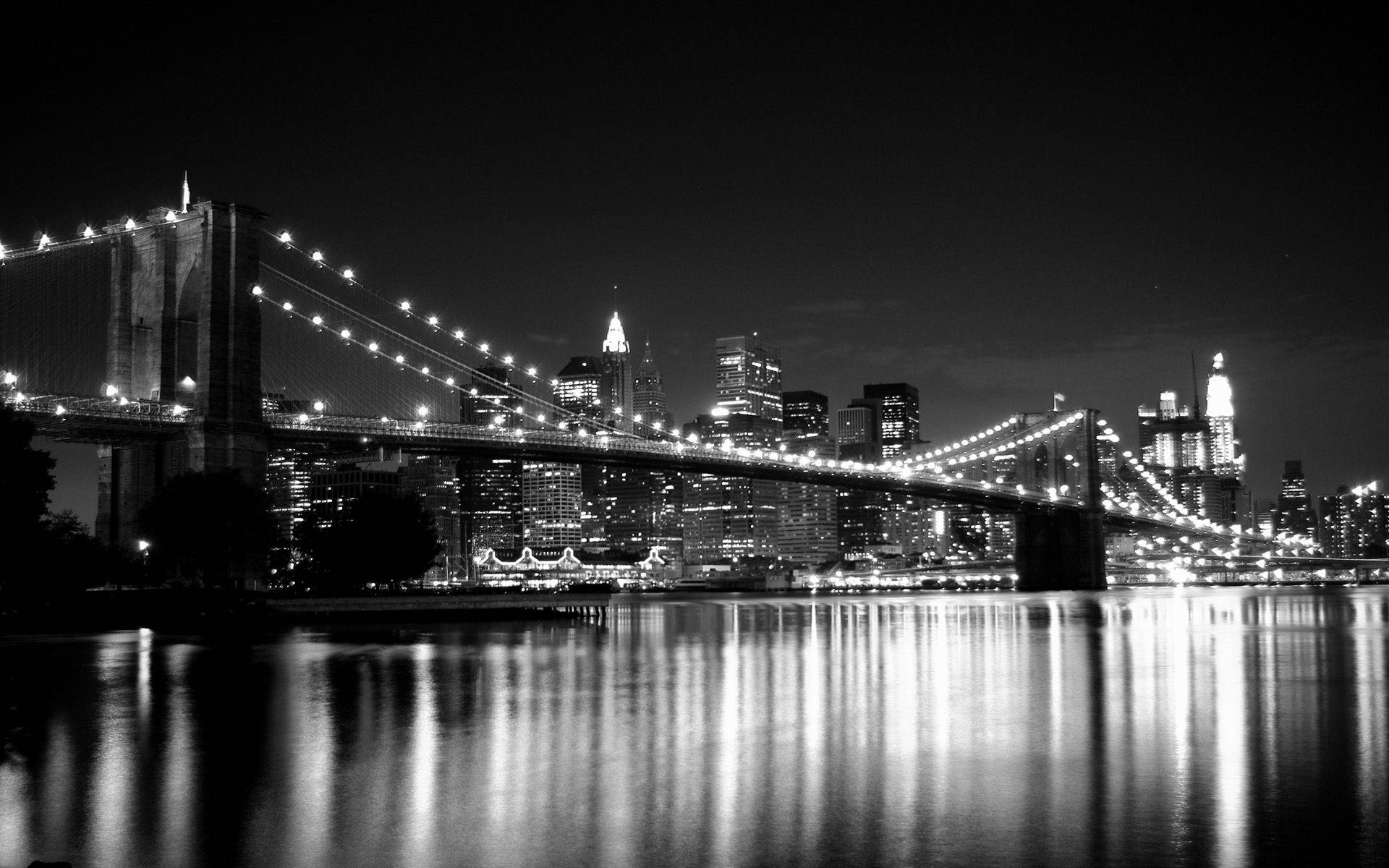 Brooklyn Bridge, black and white, night, Full HD Desktop Wallpaper