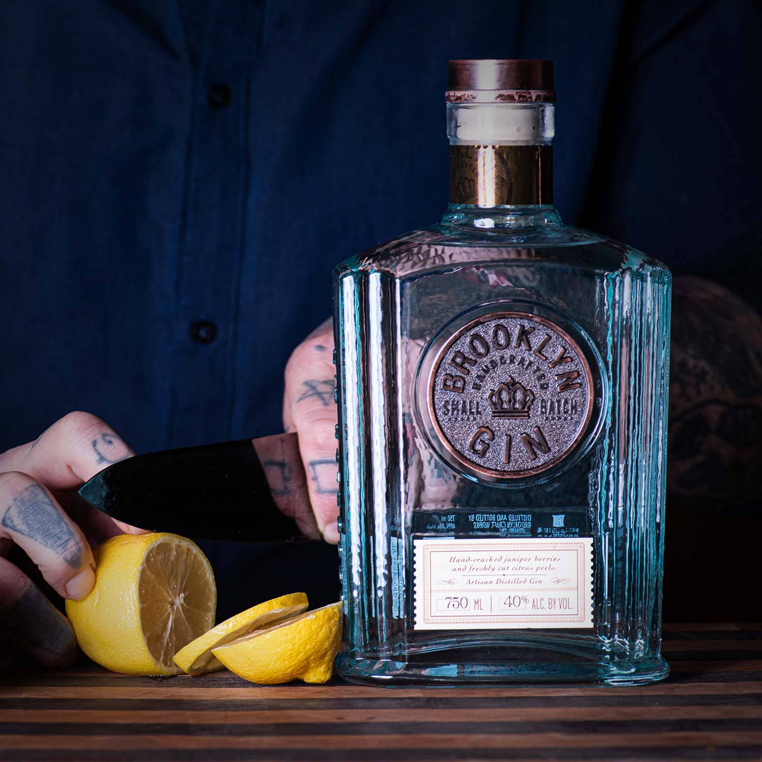 Brooklyn Gin, lemon slices, tattooed hand, HD Desktop Wallpaper
