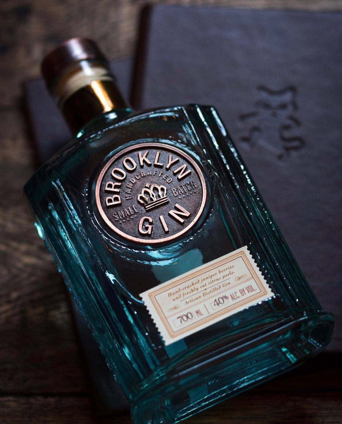 Brooklyn Gin, teal glass bottle, dark wooden surface, HD Phone Wallpaper