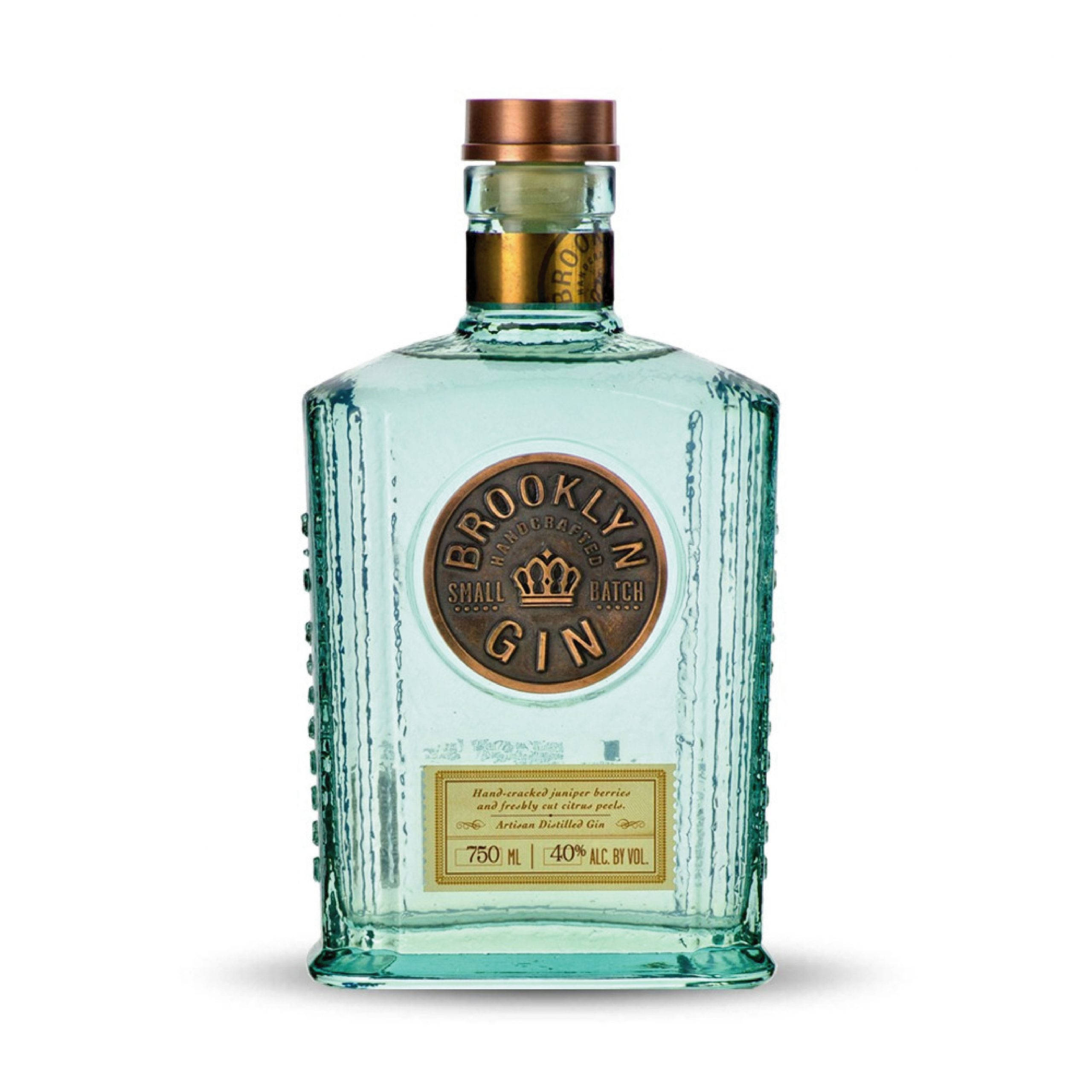 Brooklyn Gin, teal glass bottle, embossed texture, 2K Desktop Wallpaper