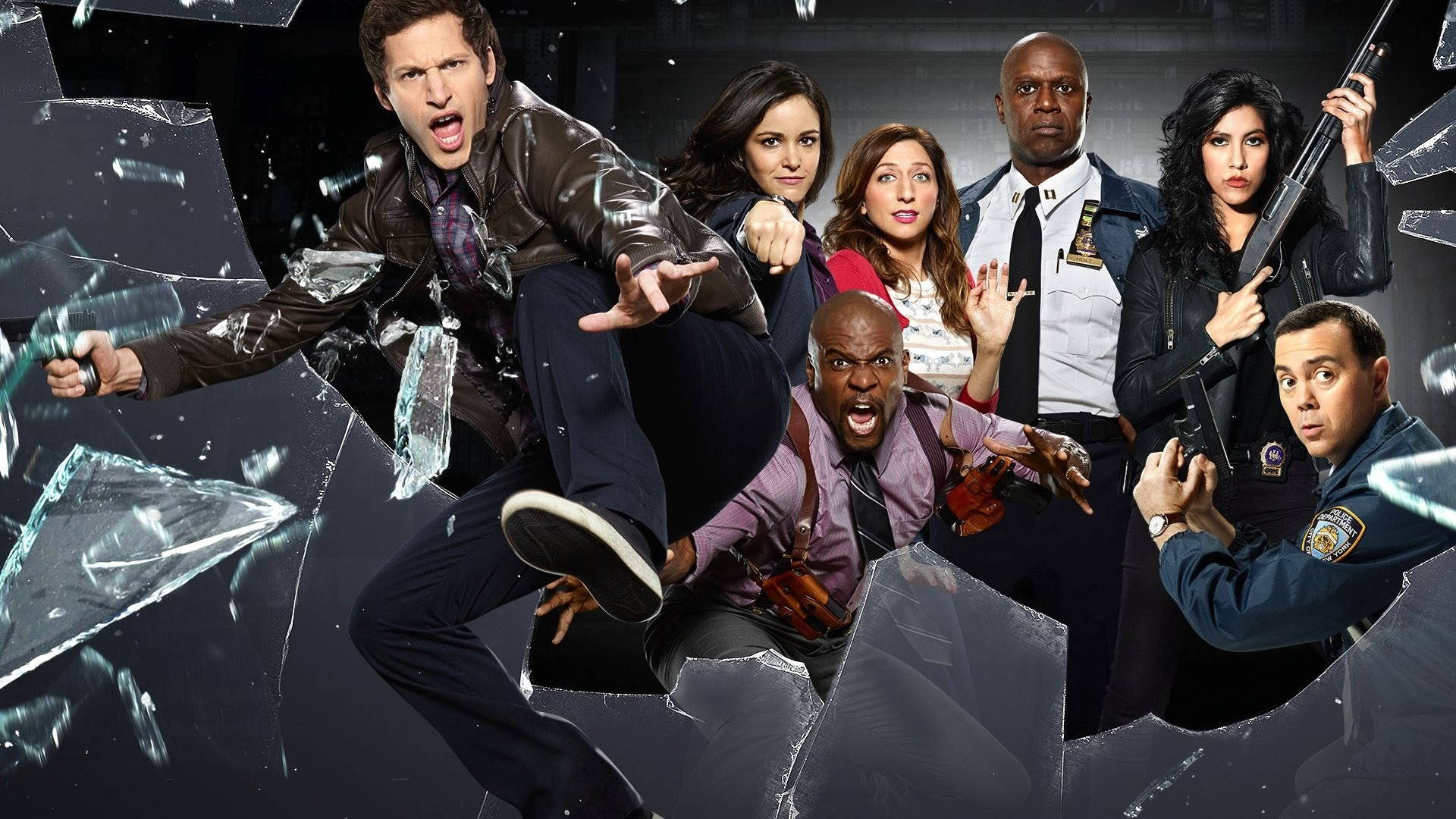Brooklyn Nine Nine, broken glass, 6 actors, Full HD Desktop Wallpaper