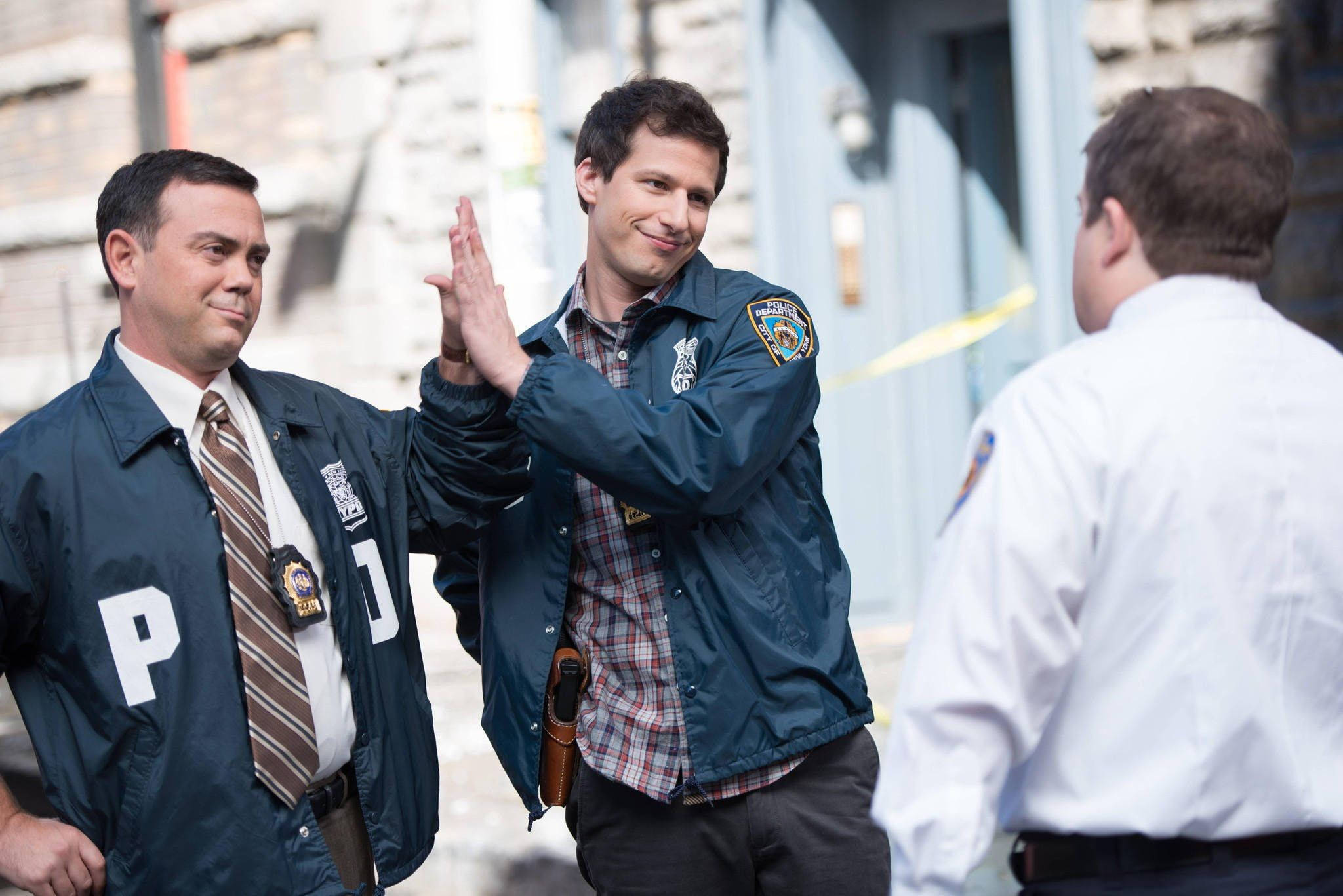 Brooklyn Nine Nine, high five, yellow crime tape, Full HD Desktop Wallpaper