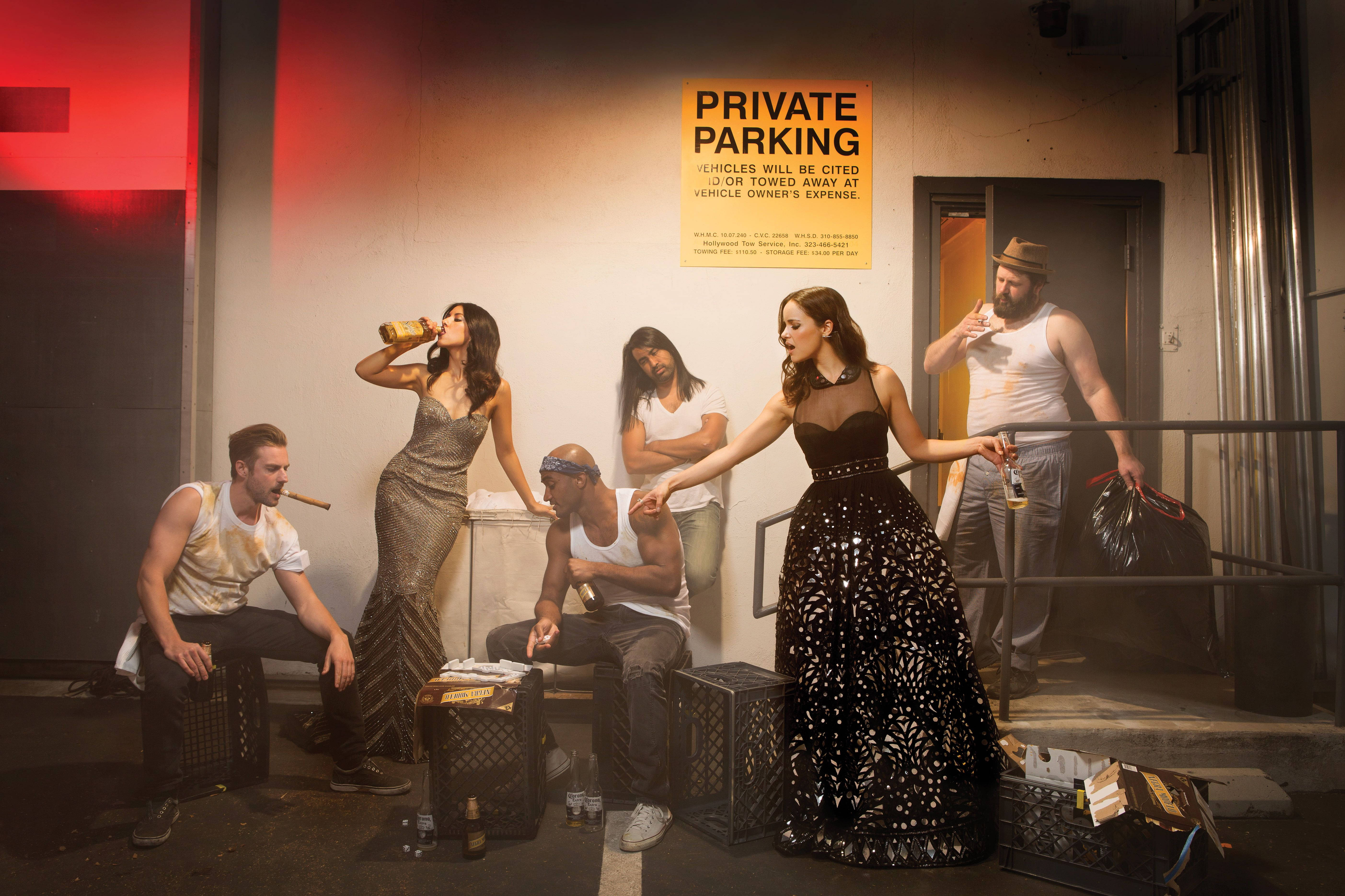 Brooklyn Nine Nine, red-lit urban alleyway signage, stacked crates, 5K Desktop Wallpaper