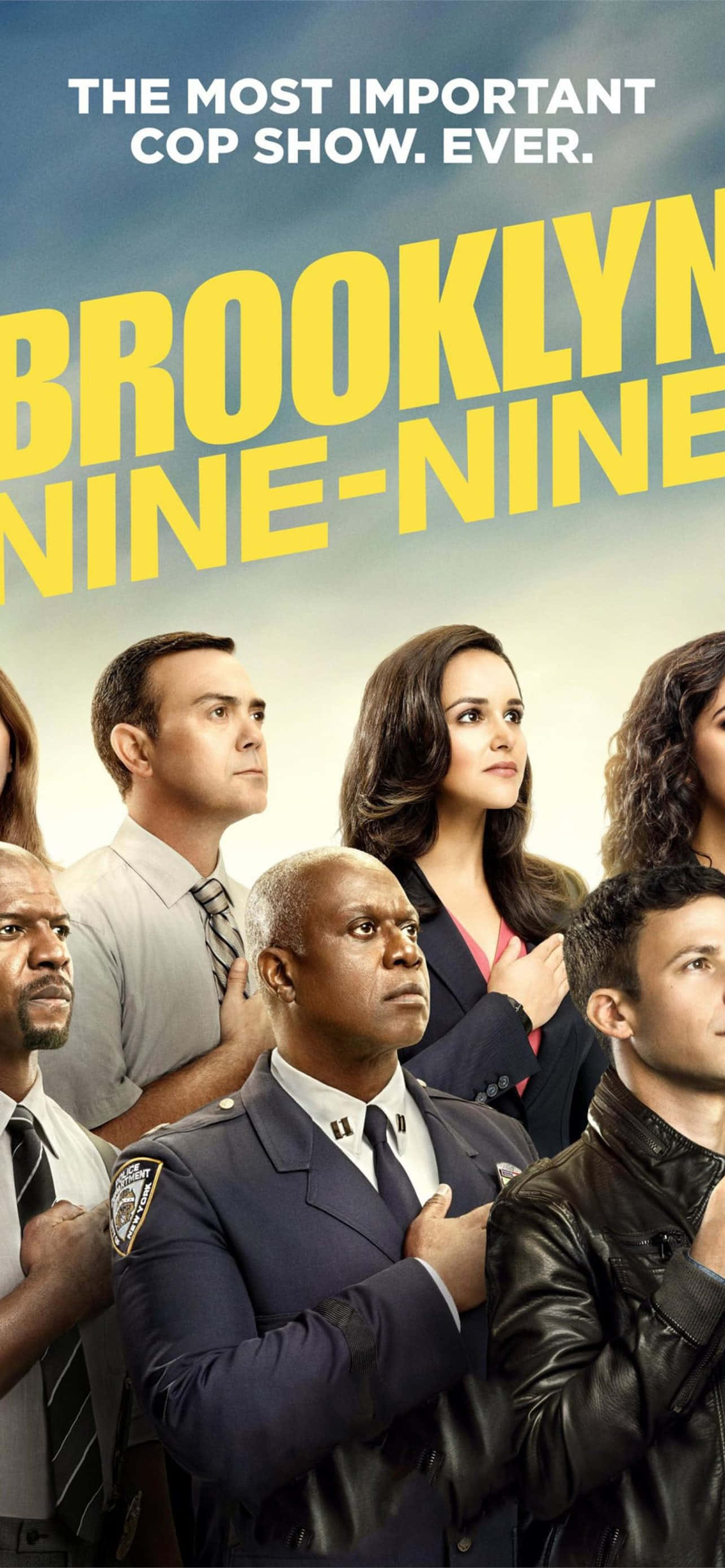 Brooklyn Nine Nine, cloudy sky, bold yellow title text, 2K Phone Wallpaper