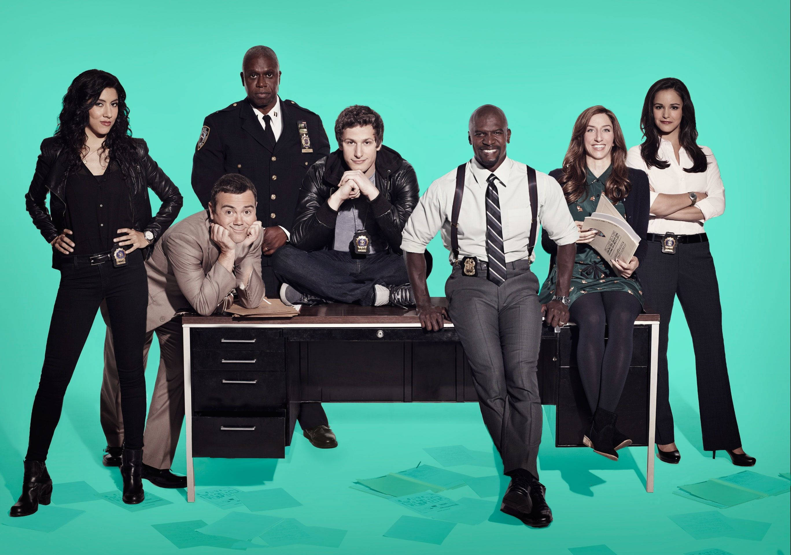 Brooklyn Nine Nine, 98th precinct, teal studio background, 2K Desktop Wallpaper