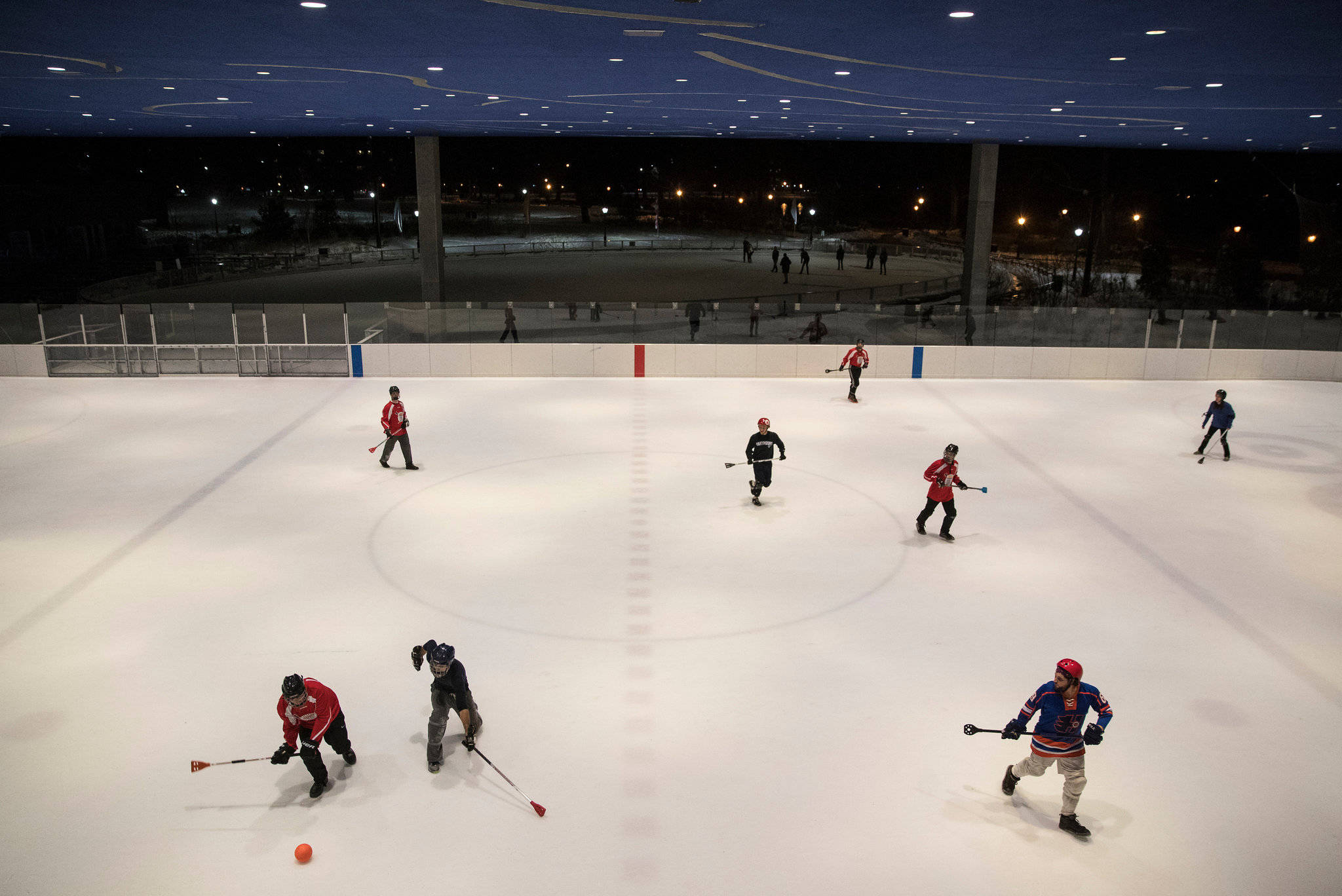 Broomball, wide rink, red and blue jerseys, Full HD Desktop Wallpaper