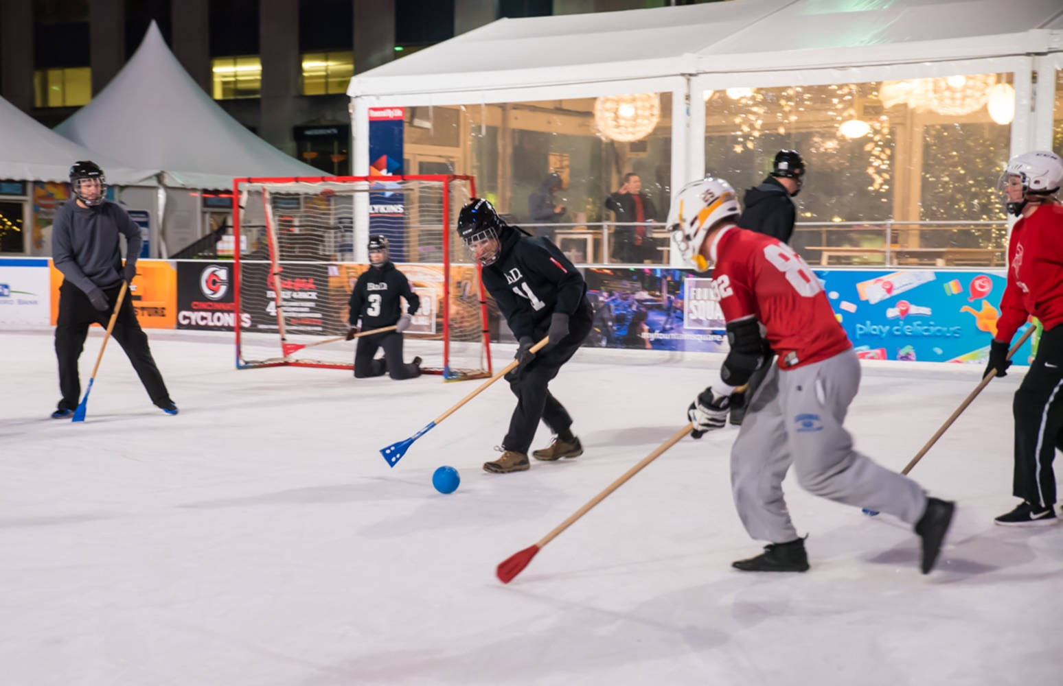 Broomball, black and red team, outdoor ice hockey game, HD Desktop Wallpaper