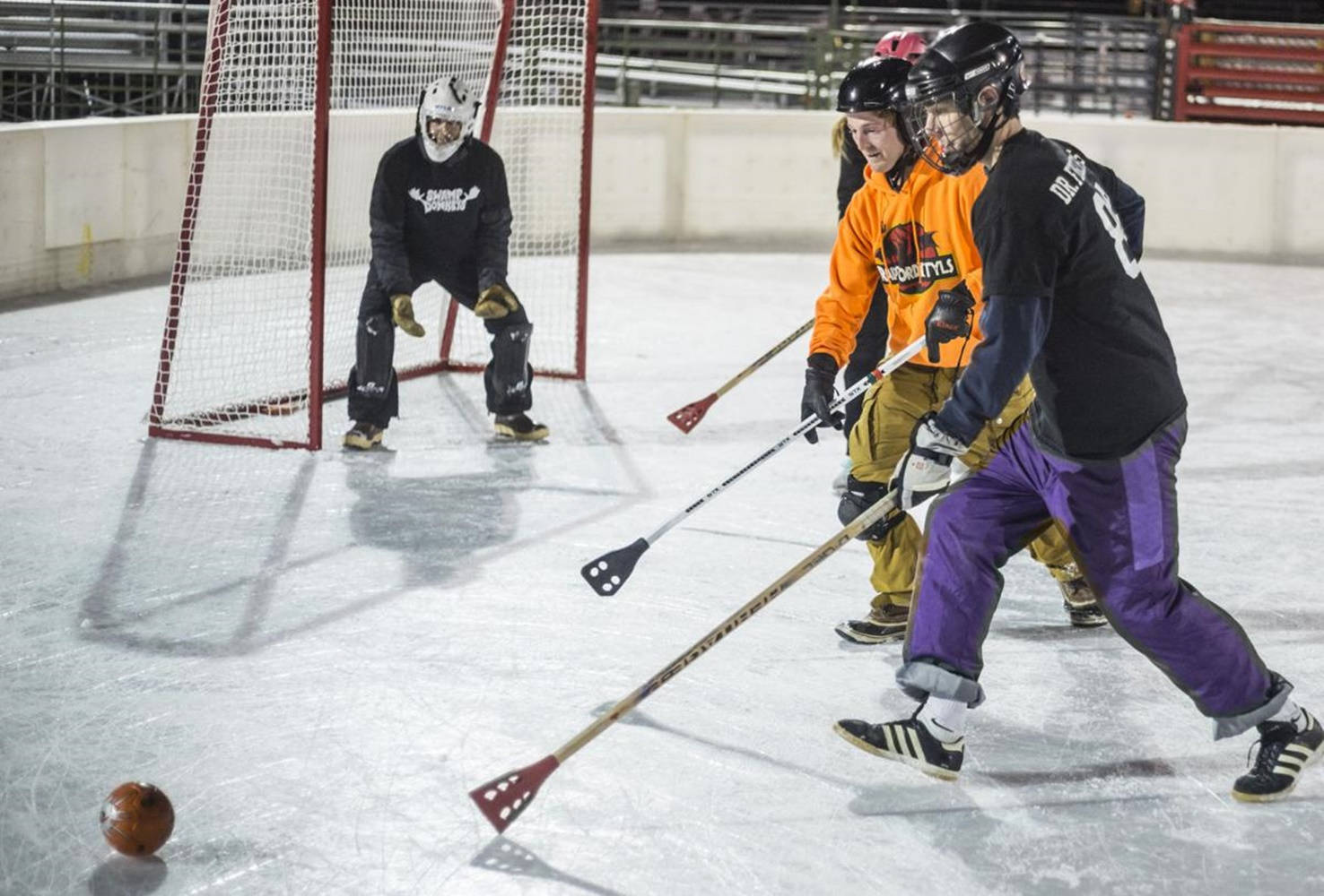 Broomball, orange and black, hockey players, HD Desktop Wallpaper