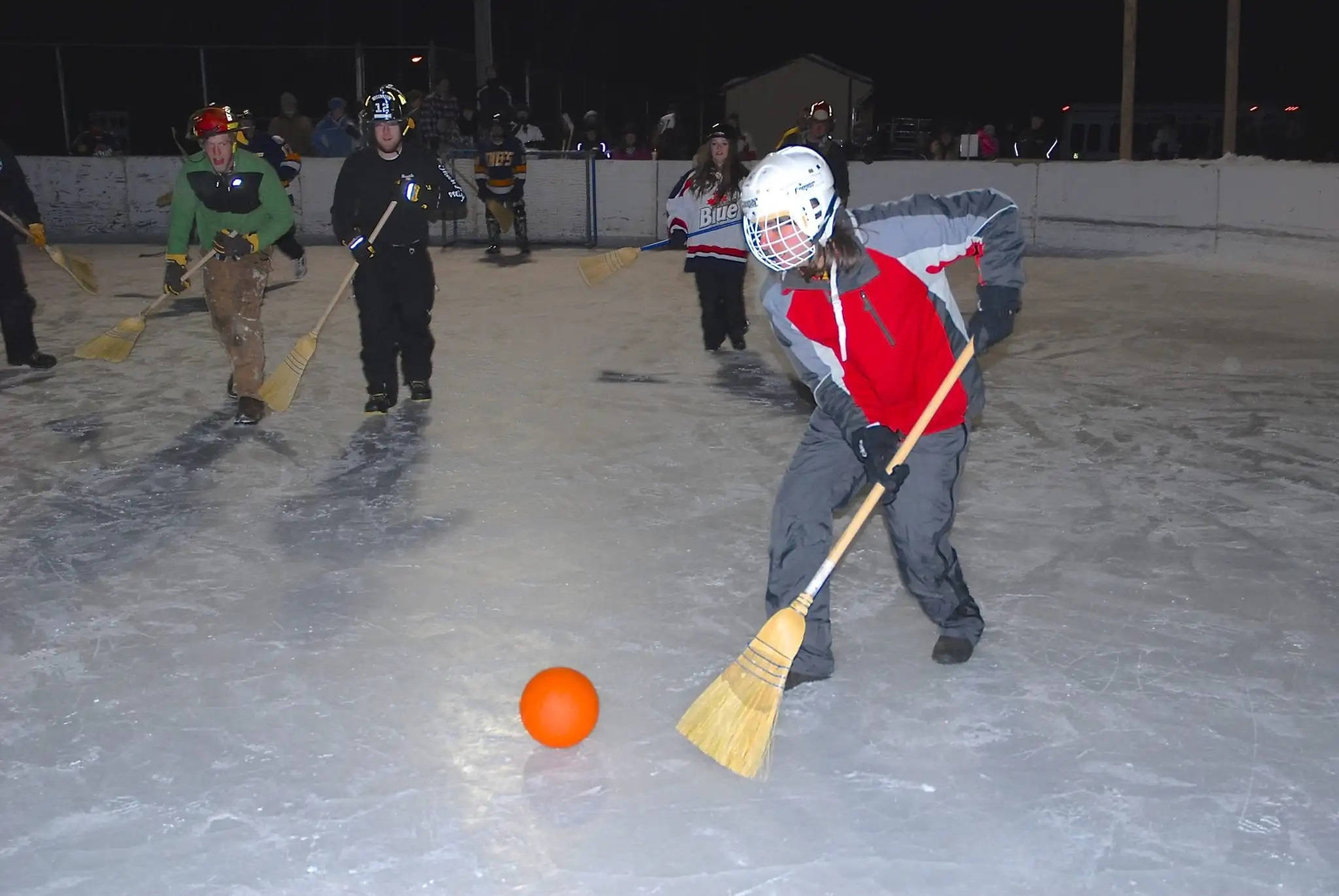 Broomball, night, outdoor ice rink, Full HD Desktop Wallpaper