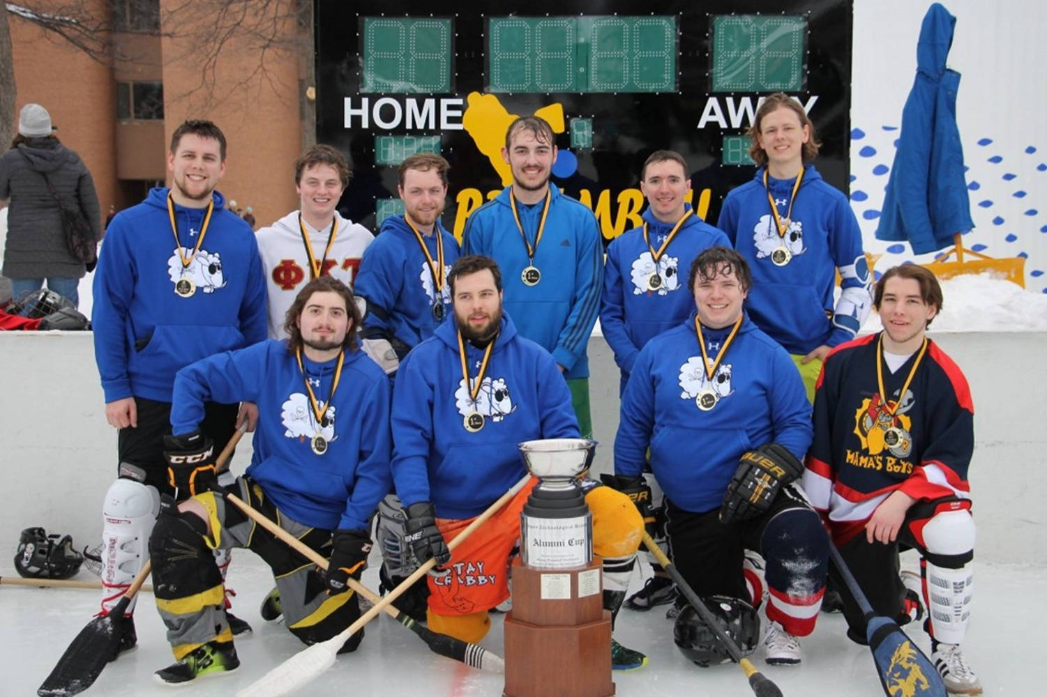 Broomball Blue Team, blue jerseys, trophy, HD Desktop Wallpaper