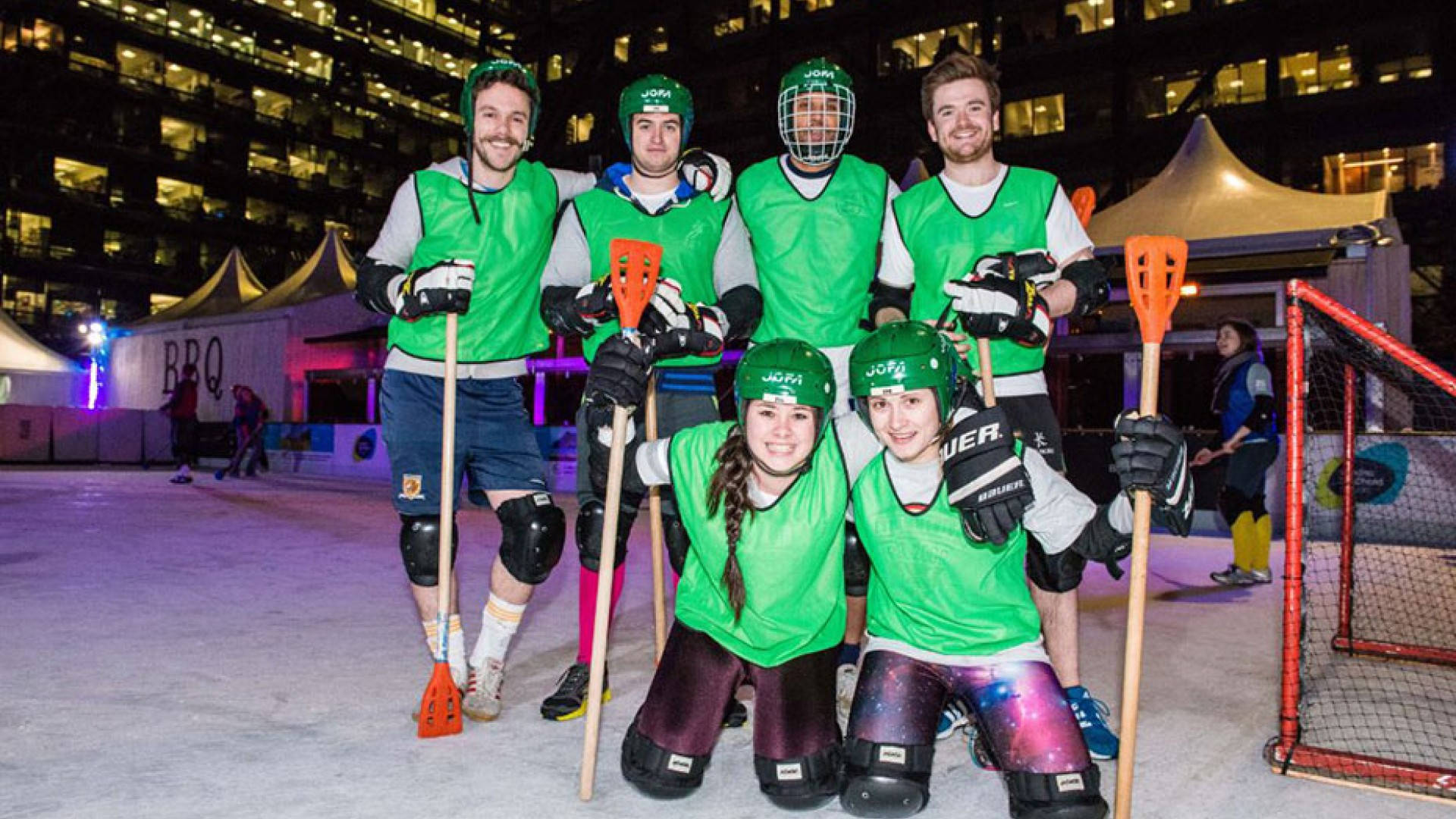 Broomball, green gear, outdoor ice rink, Full HD Desktop Wallpaper