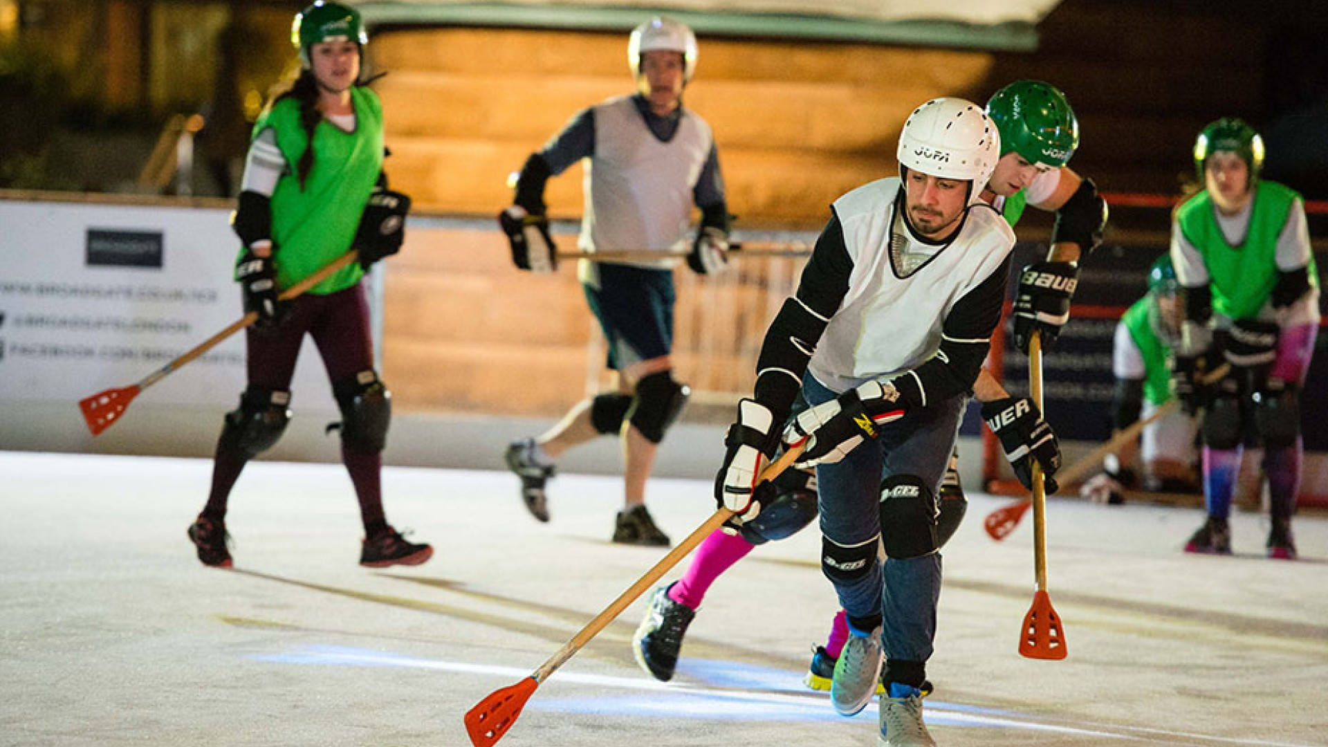 Broomball, green and white team, indoor floor hockey, Full HD Desktop Wallpaper