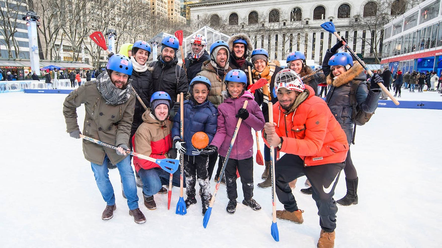 Broomball, hockey sticks, outdoor ice rink, HD Desktop Wallpaper