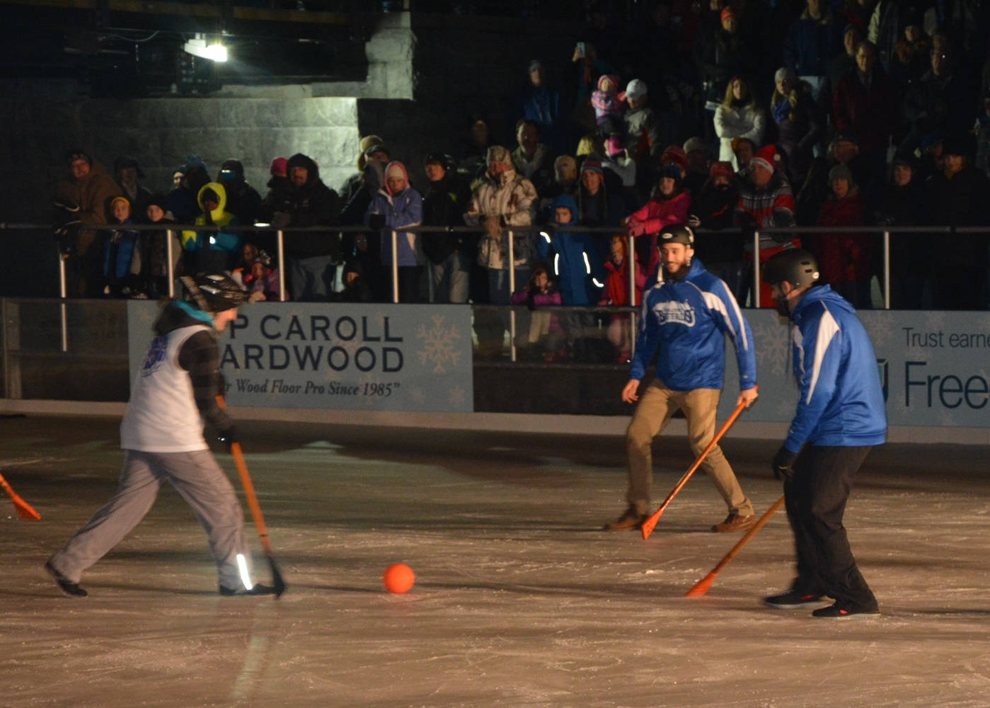 Broomball, blue and white teams, ice rink, HD Desktop Wallpaper