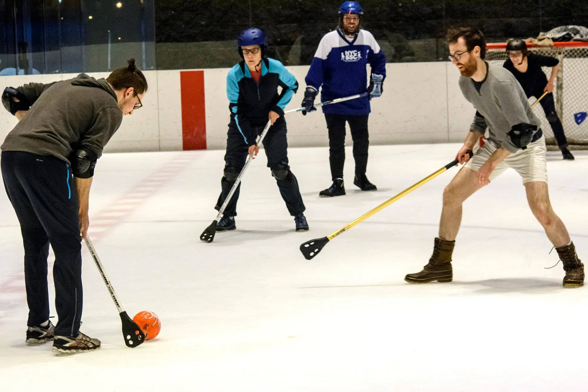 Broomball, indoor ice rink, orange ball, Full HD Desktop Wallpaper