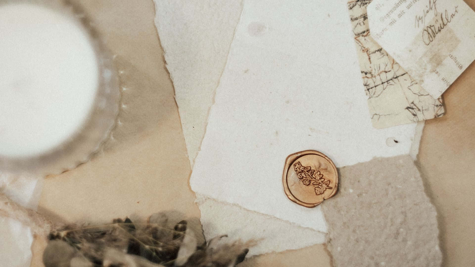 vintage wax seal, textured paper scraps, handwritten note, Full HD Desktop Wallpaper