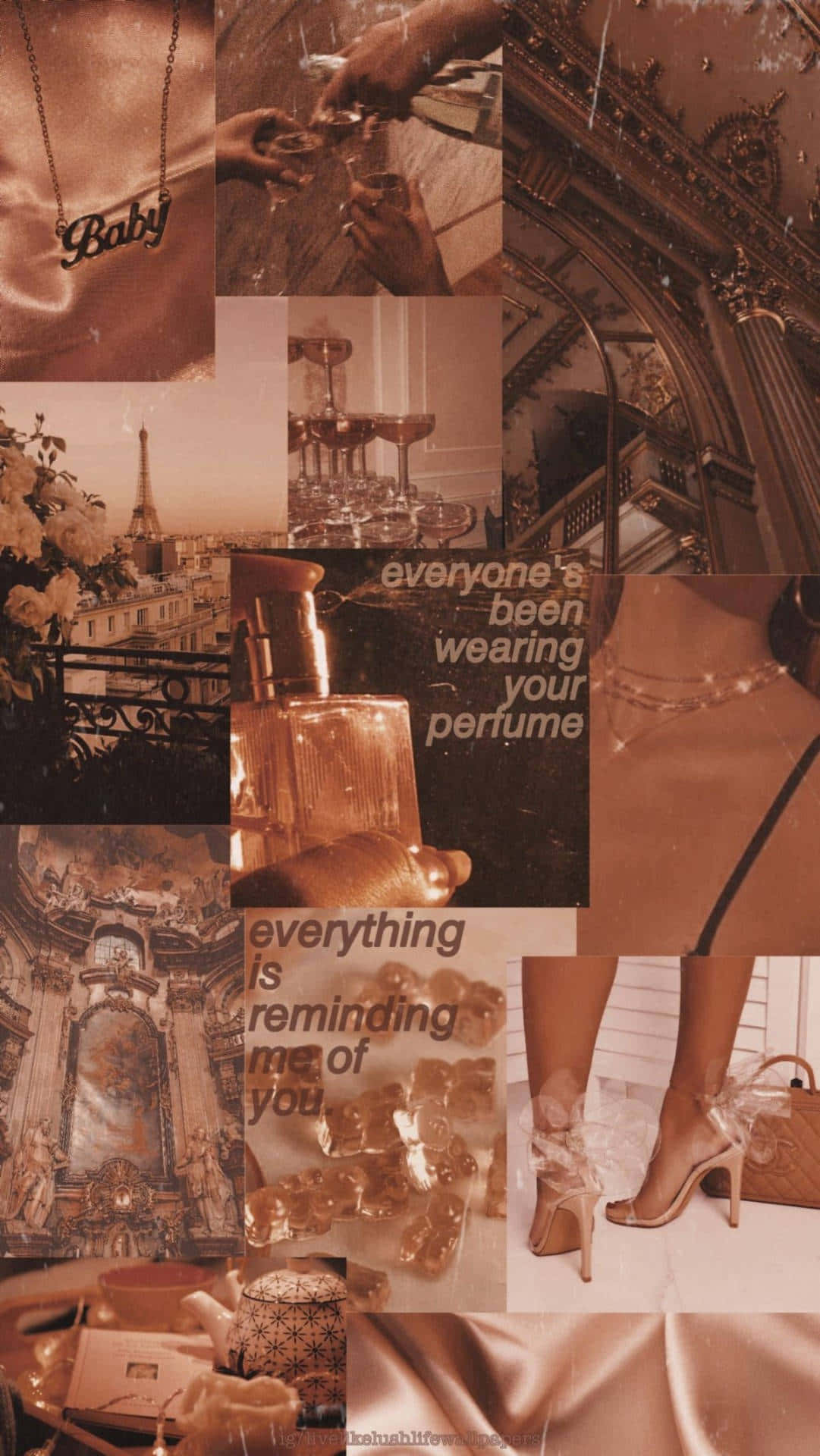brown and gold, vintage-inspired collage, luxury items, Full HD Phone Wallpaper