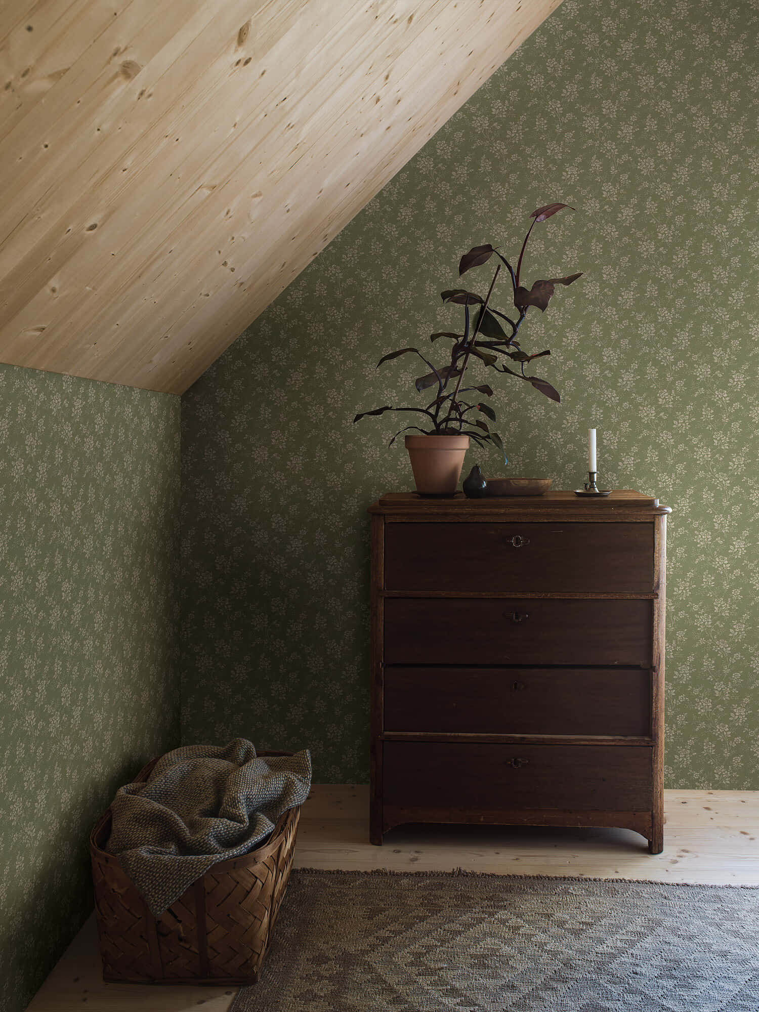 wooden dresser, patterned green wallpaper, slanted pine ceiling, Full HD Phone Wallpaper
