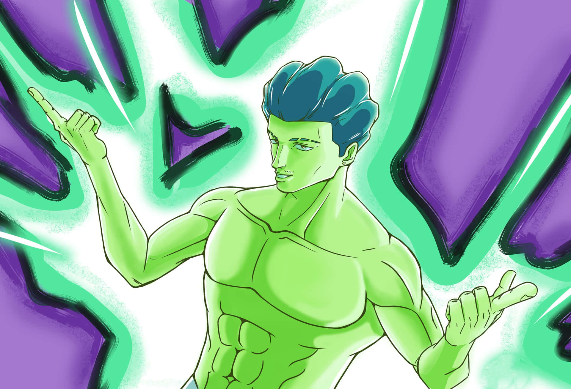 green-skinned man, blue hair, vibrant purple and green abstract background, Full HD Desktop Wallpaper