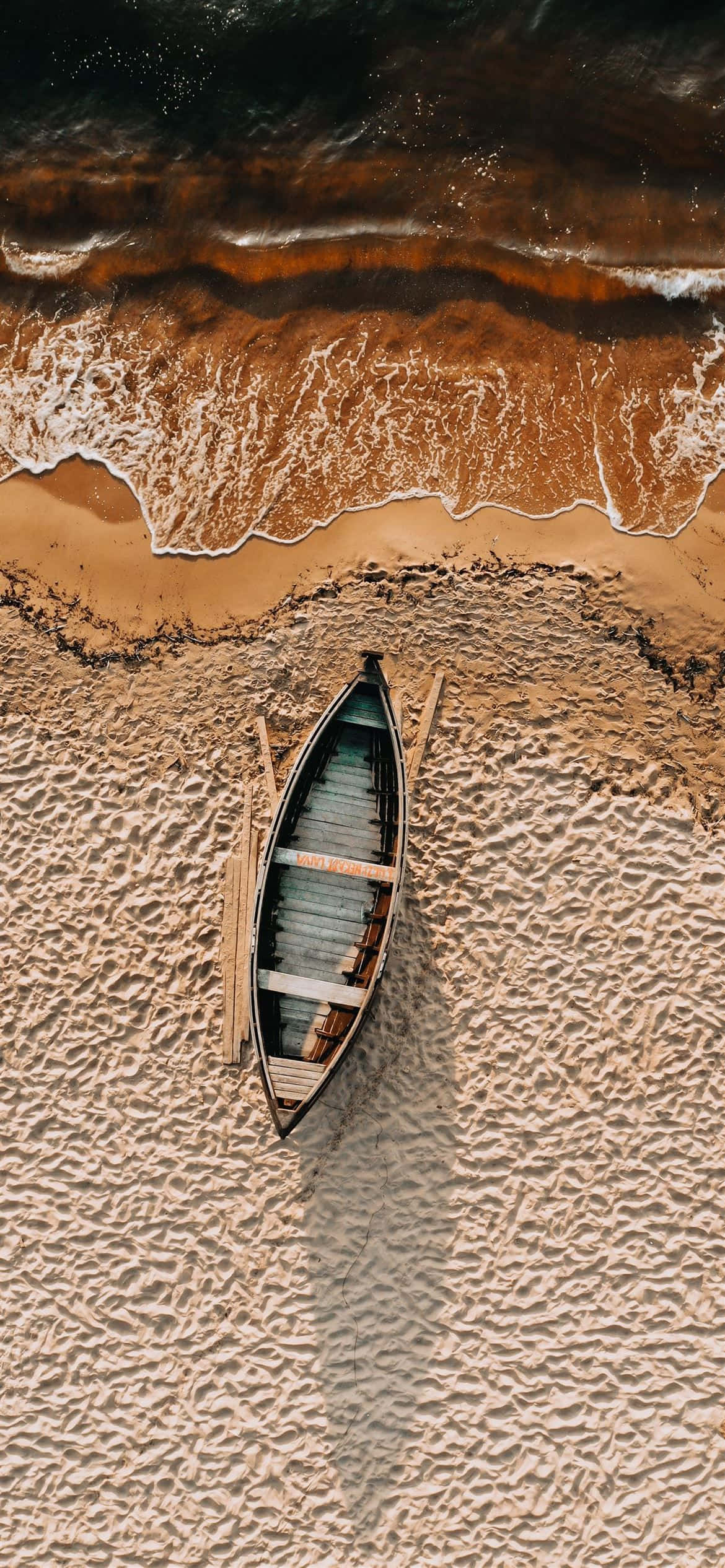 brown foamy waves, textured sand, weathered wooden boat, Full HD Phone Wallpaper