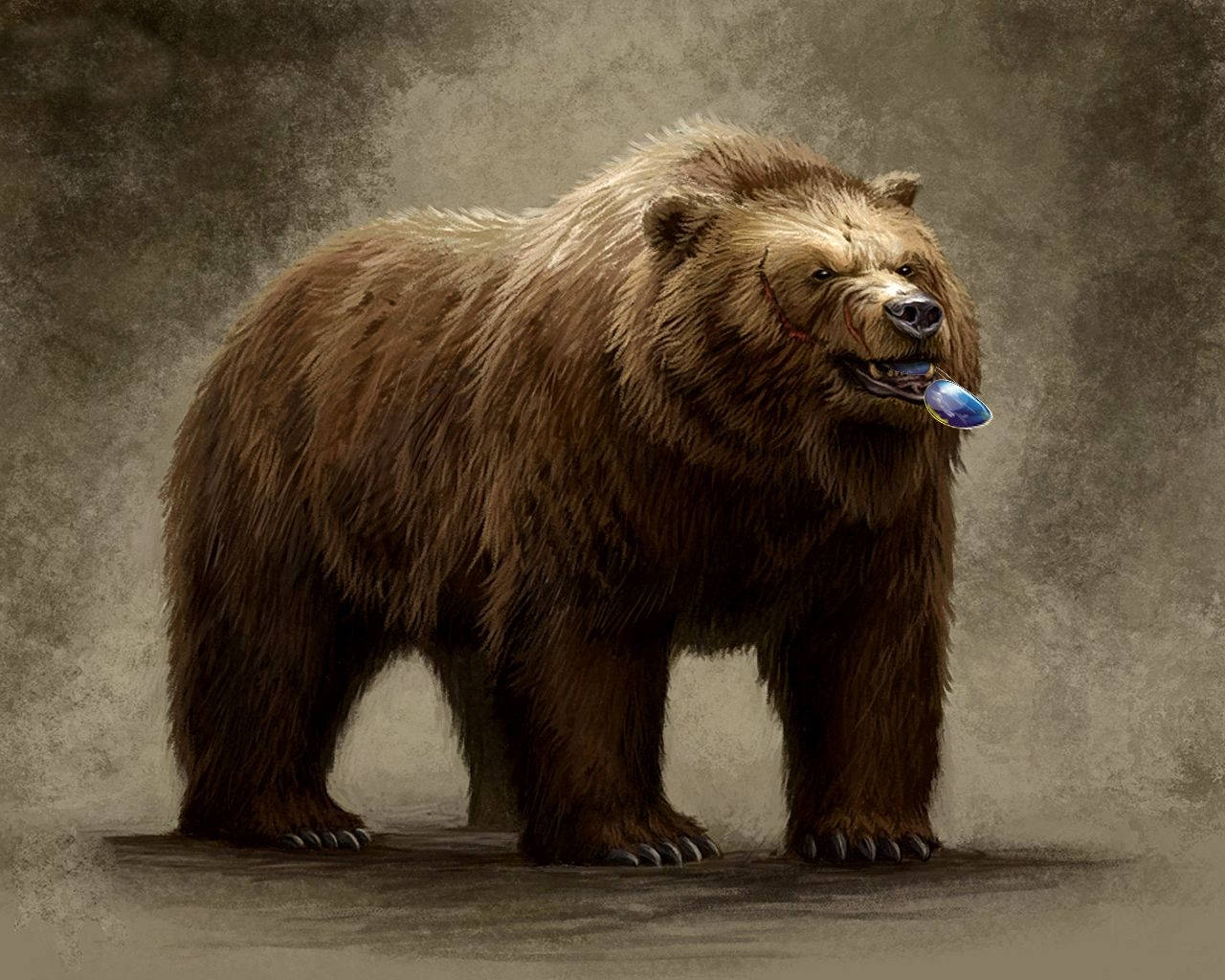 Brown Bear, glowing blue orb, muted gray backdrop, HD Desktop Wallpaper