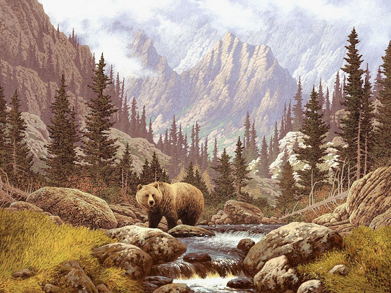 brown bear, mountain stream, towering pines, HD Desktop Wallpaper