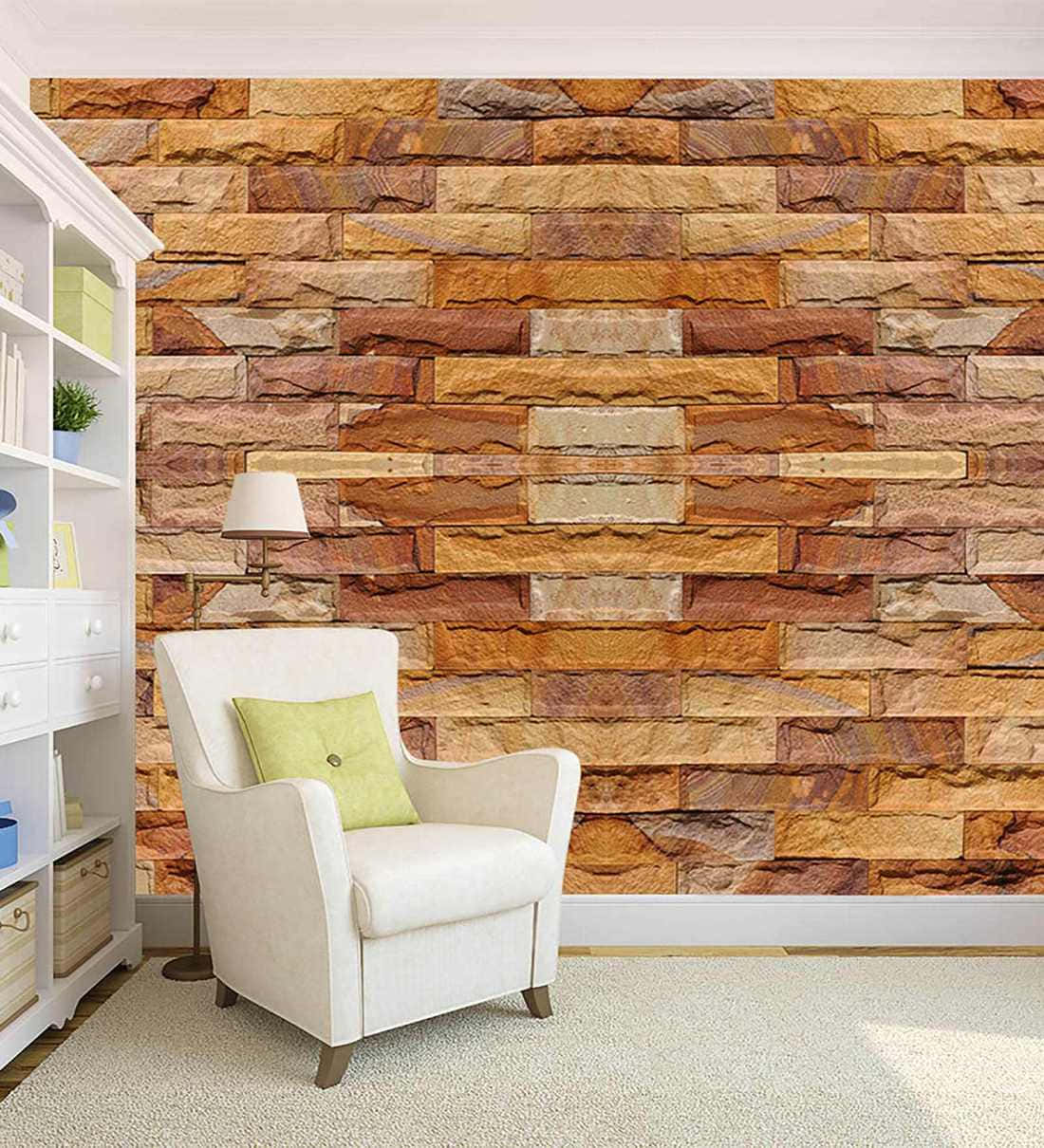 brown brick, cream armchair, green pillow, SD Phone Wallpaper