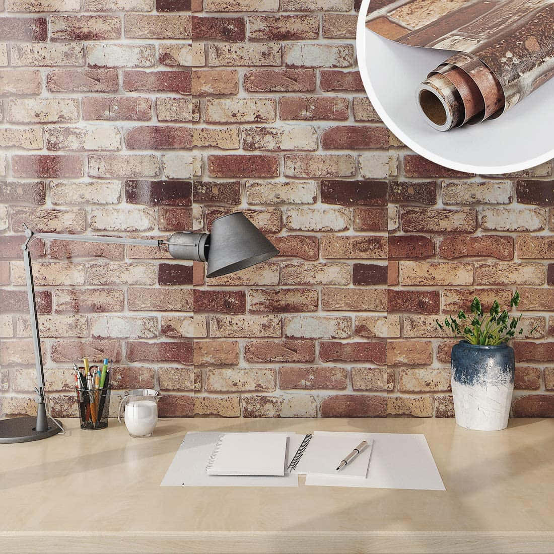 Brown Brick, rustic brick, wooden desk, SD Desktop Wallpaper