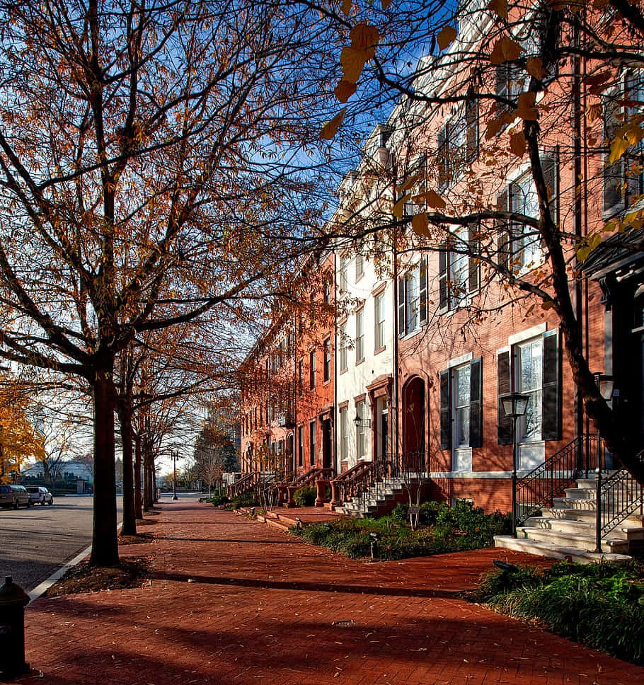 Brownstone 910 x 968, red brick townhouses, brick sidewalk, SD Phone Wallpaper