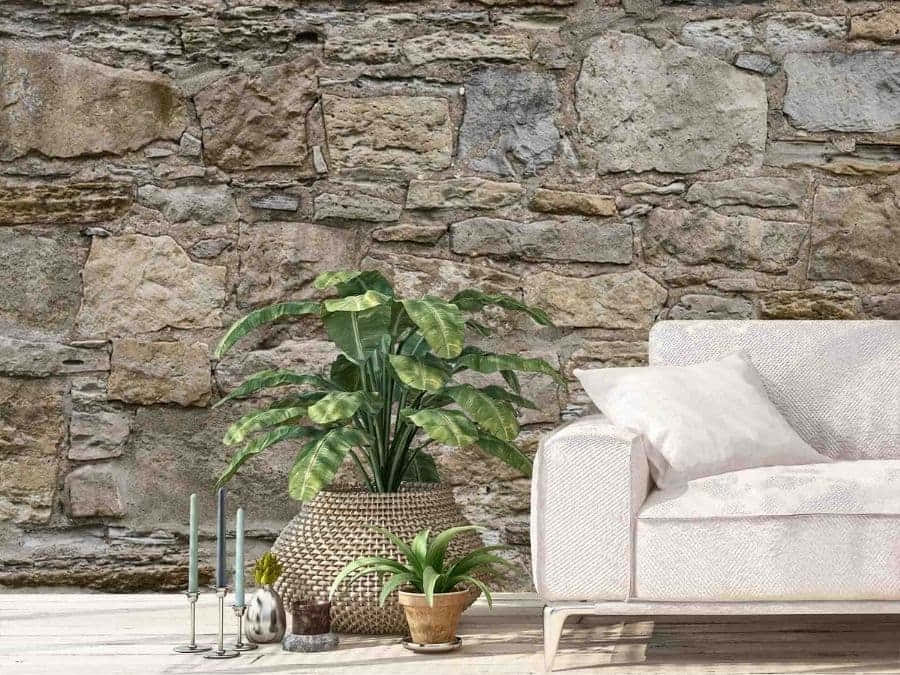 Brown Stone Wall, textured stone wall, white sofa, SD Desktop Wallpaper