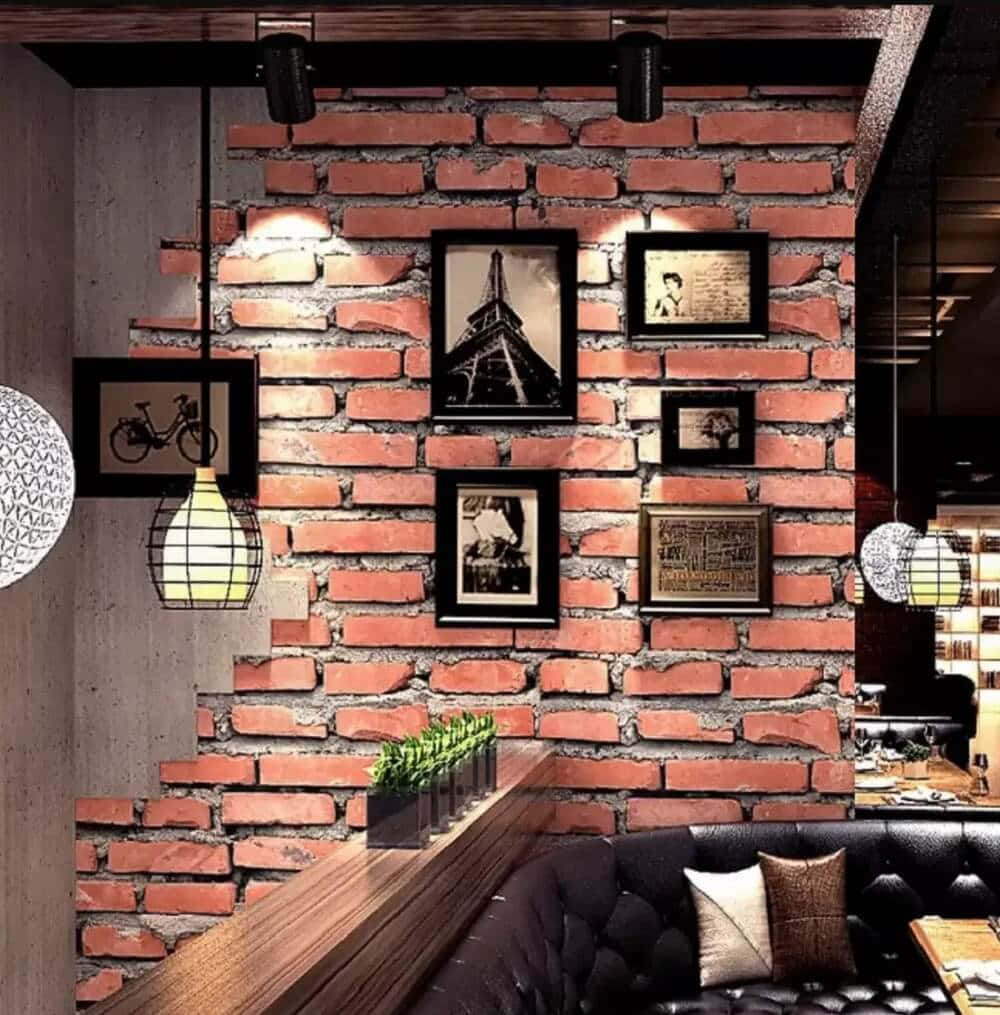 Brown Brick, vintage framed photos, hanging lamps, SD Phone Wallpaper