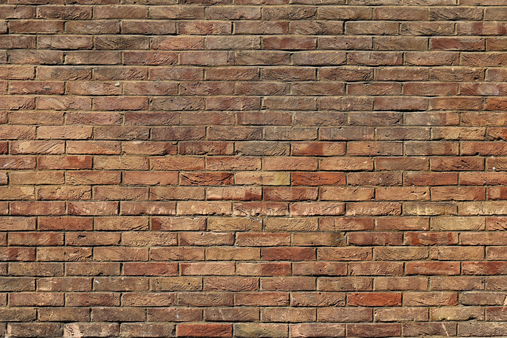 old brown brick wall, weathered red brick wall, textured mortar lines, Full HD Desktop Wallpaper