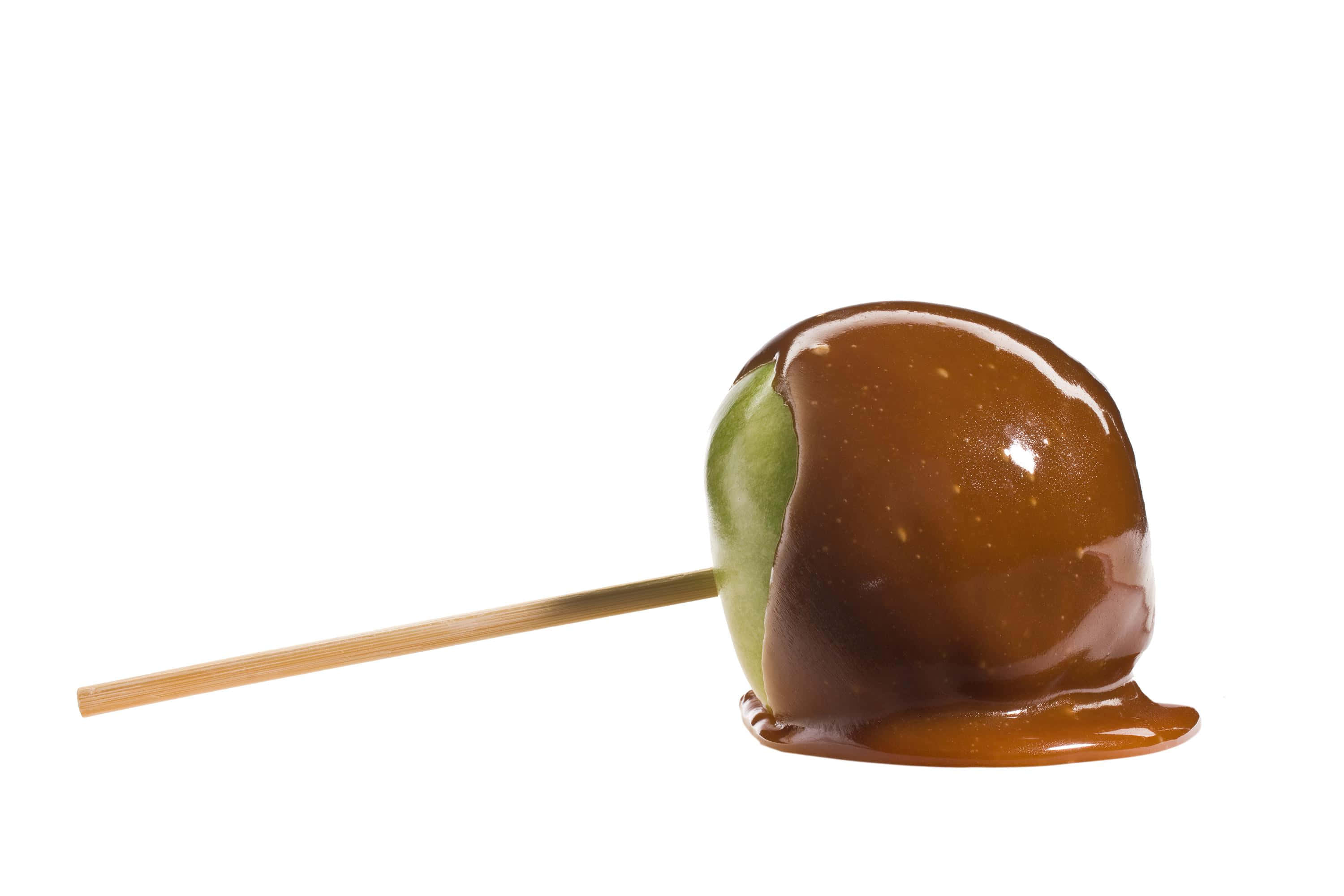 Brown Caramel, glossy caramel-coated green apple, wooden stick, 2K Desktop Wallpaper