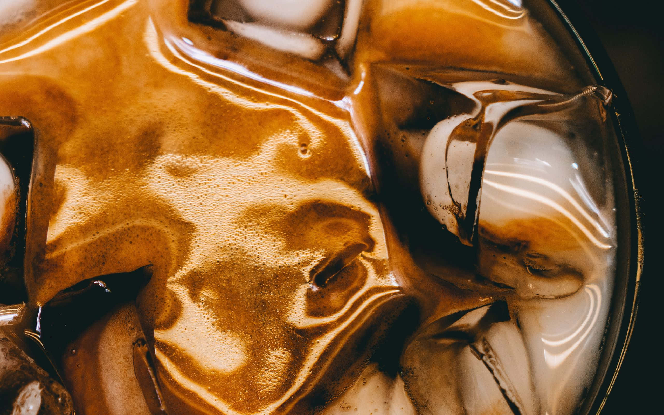 Brown Caramel, amber coffee, melting ice cubes, 2K Desktop Wallpaper