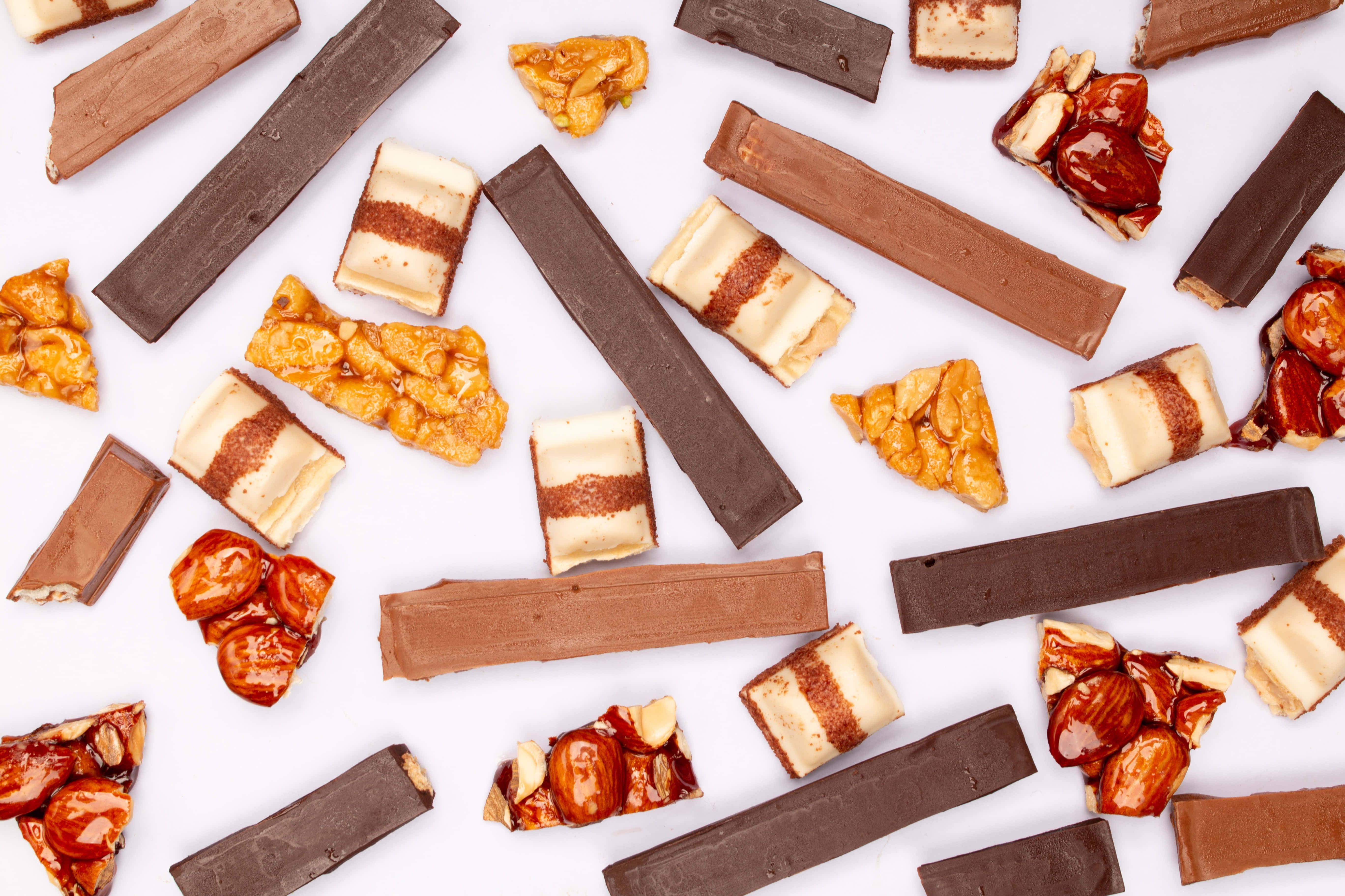 caramel, chocolate bars, caramel almond clusters, 5K Desktop Wallpaper
