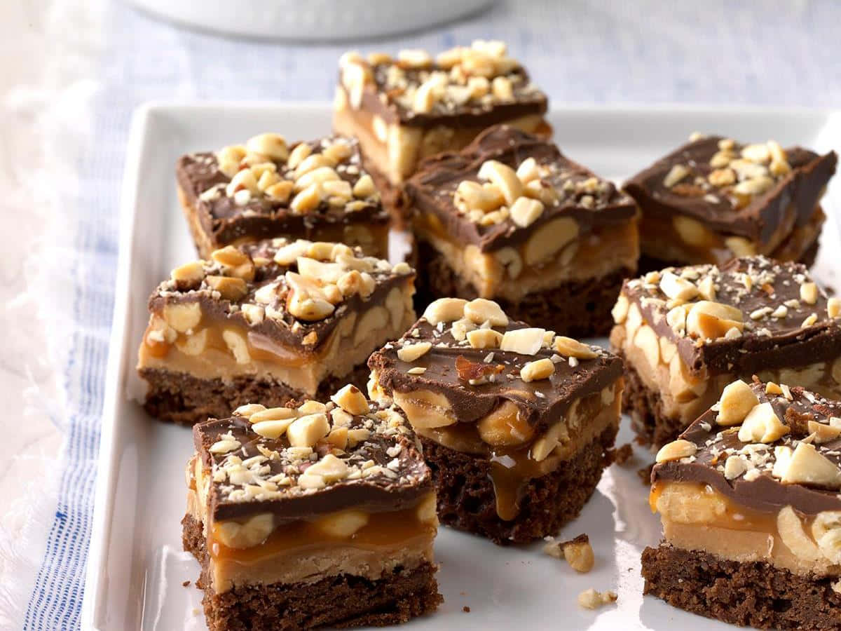 caramel brownie, chocolate caramel peanut butter bars, chopped nuts, SD Desktop Wallpaper
