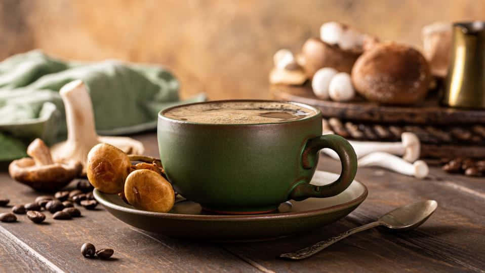 rustic green ceramic cup, wooden table, mushrooms, SD Desktop Wallpaper